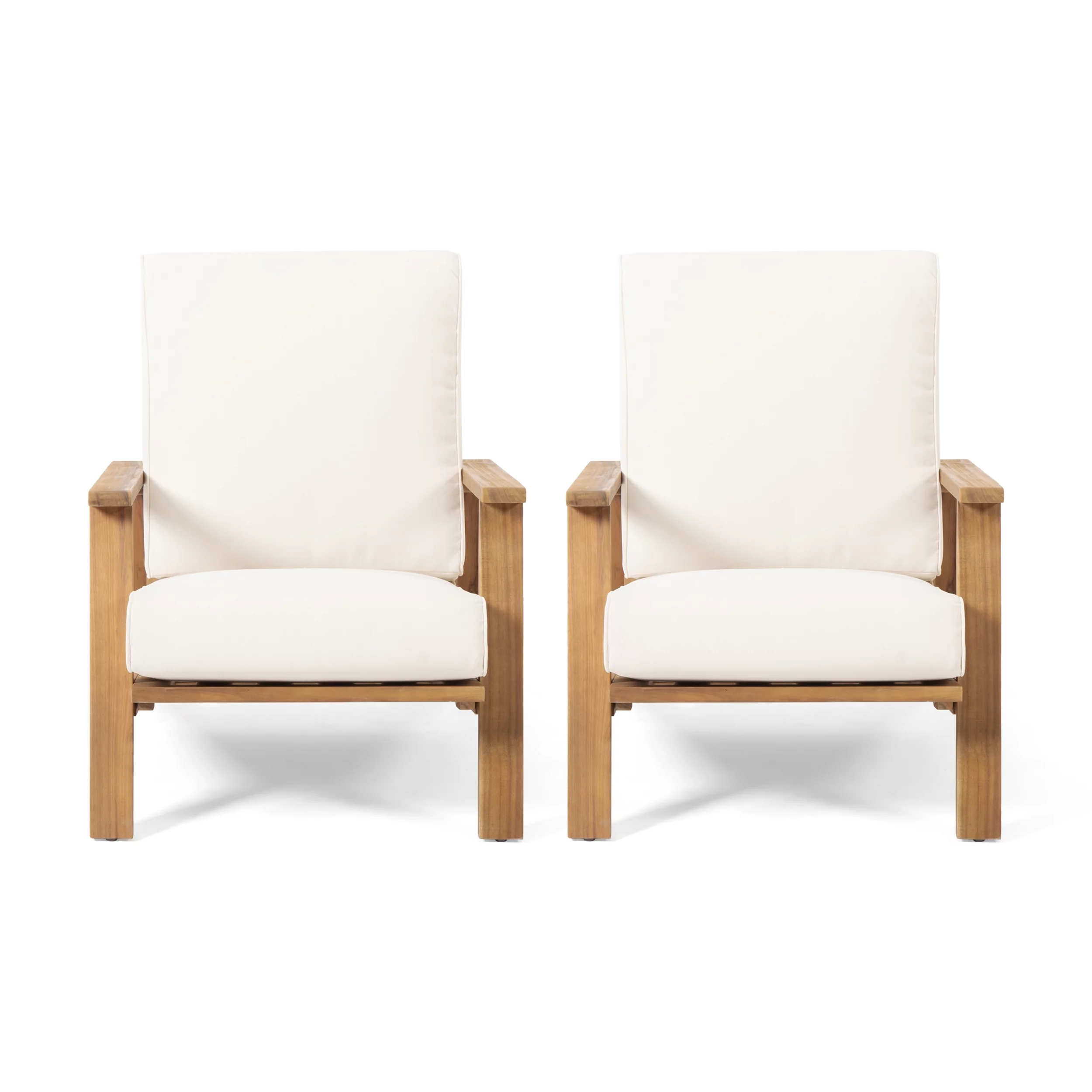 Reyna Outdoor Acacia Wood Club Chairs with Cushions, Set of 2, Teak, Beige
