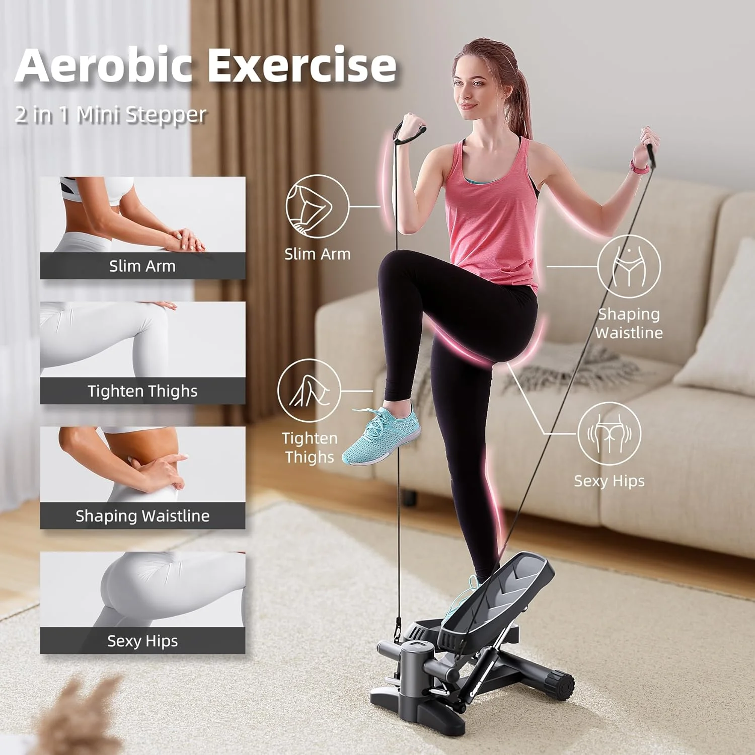 Black Stair Stepper for Exercises, Portable Mini Steppers with Resistance Band & Non-Slip Mat, 330LB Weight Capacity and LCD Calories Display, Aerobic Fitness Stepper for Home Office Workout
