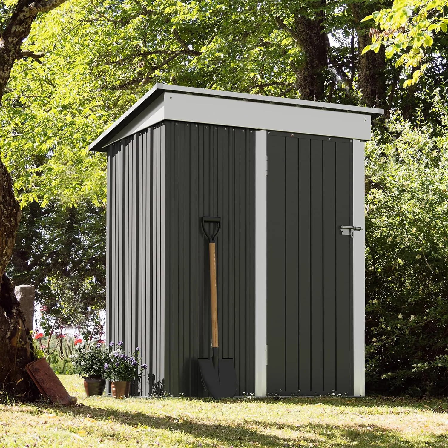 AUCHI Outdoor Storage Shed 5 x 3 FT Lockable Metal Garden Shed Steel Anti-Corrosion Storage House with Single Lockable Door for Backyard Outdoor Patio (Gray)