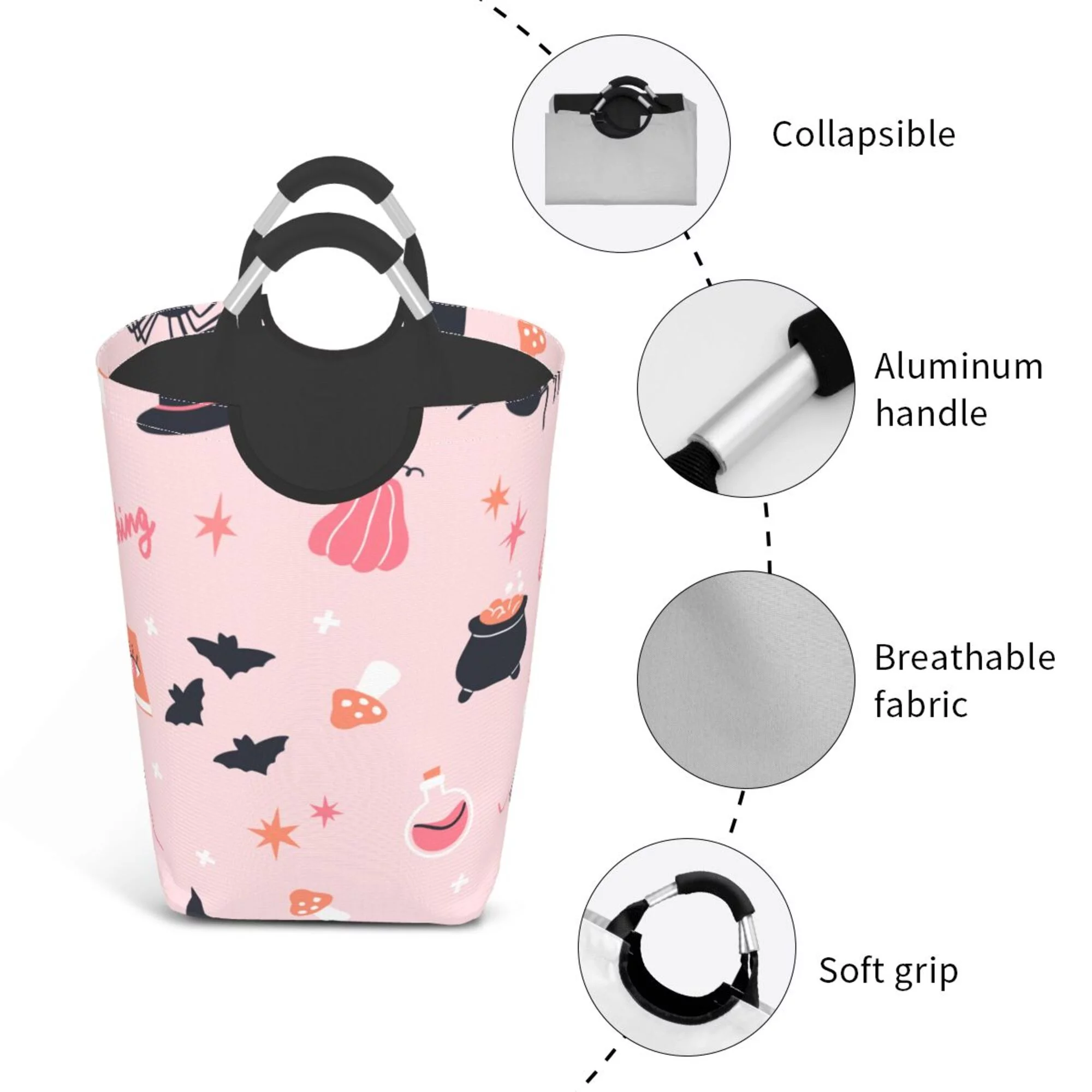 TEQUAN 50L Large Rectangular Laundry Hamper with Aluminum Handles, Pink Witch Hat Bat Pumpkin Prints Waterproof Foldable Dirty Clothes Basket