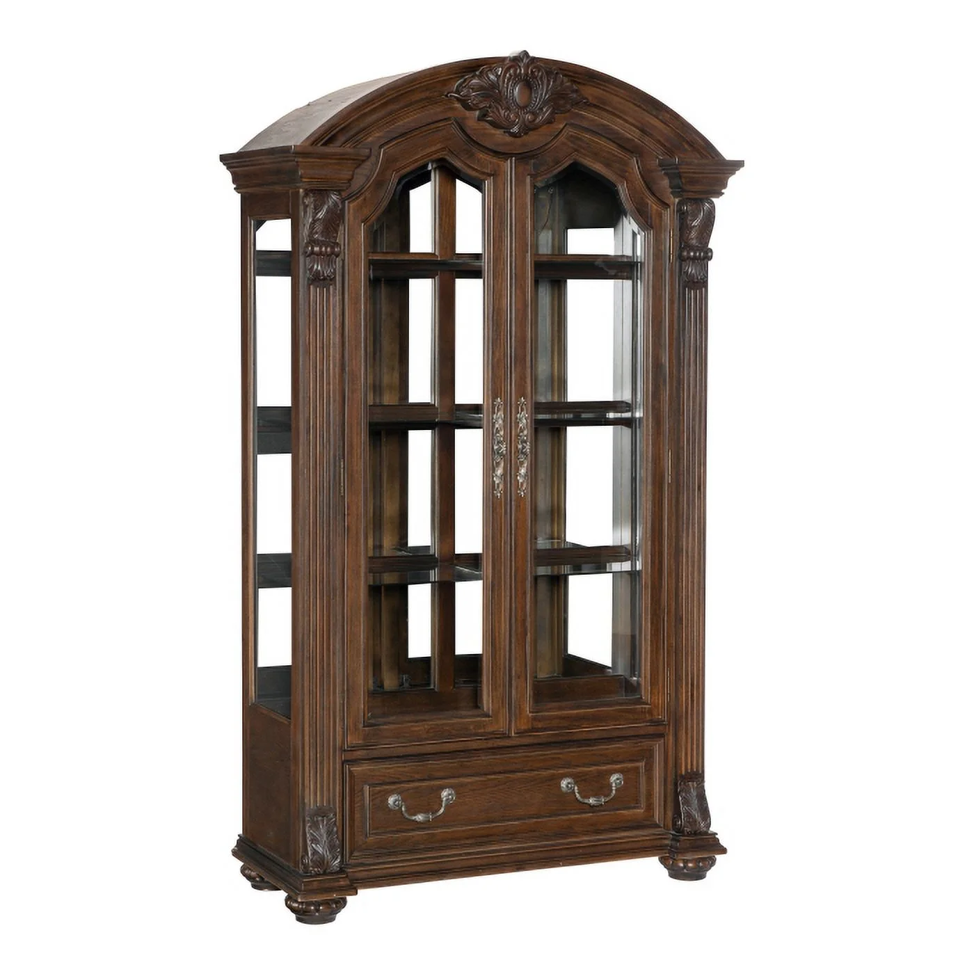 Bergen Collection Grand Scale Curio with Dark Oak Finish, Faux Keyhole Hardware, and Traditional Accents for Classic Dining Rooms