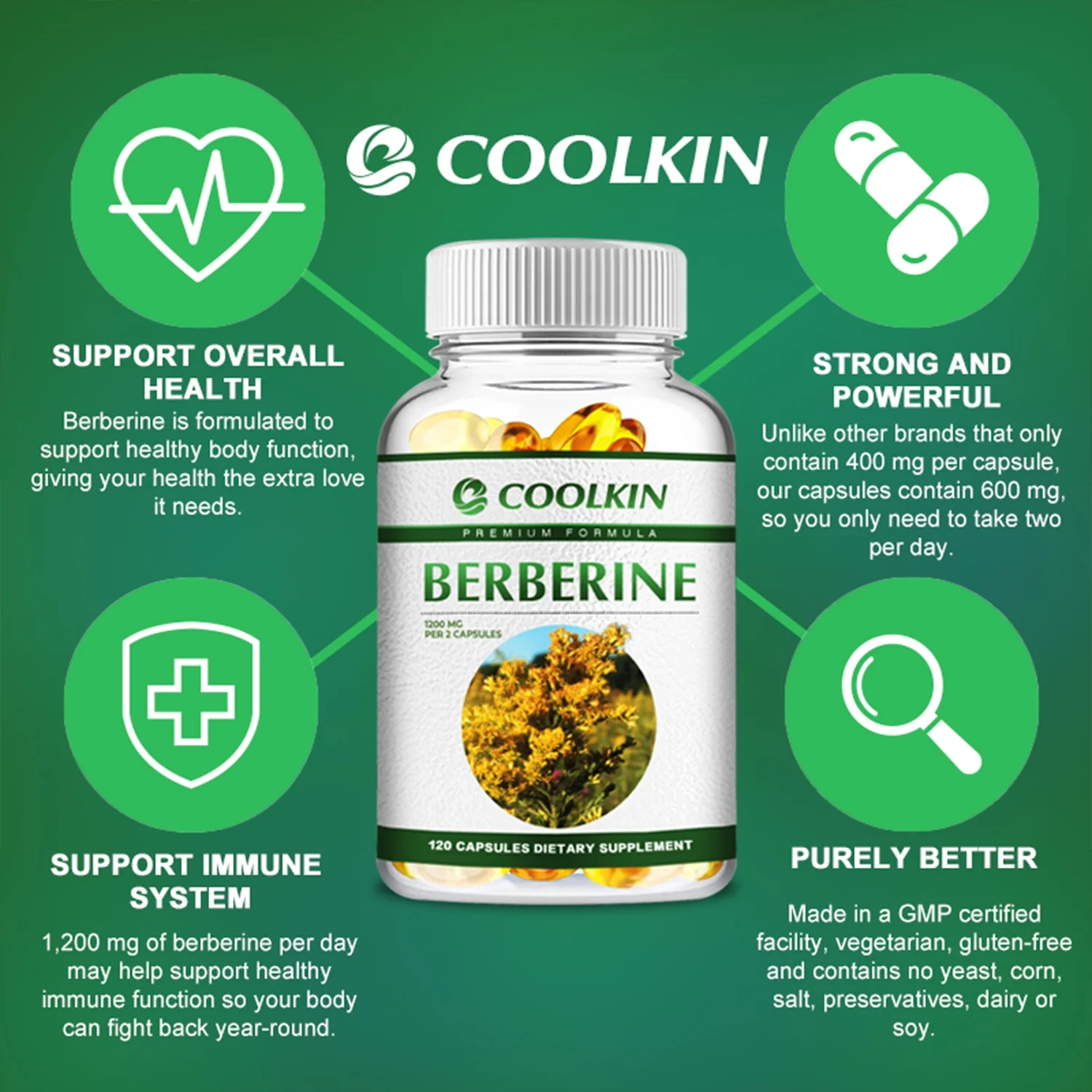 Coolkin Berberine 1200mg - Heart Health, Blood Sugar Balance & Control - Berberine HCI(30/60/120pcs)