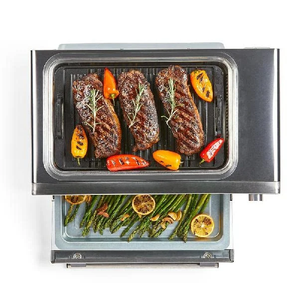 Emeril Power Grill 360, 6-in-1 Countertop Convection Toaster Oven with Top Indoor Grill, Air Fry, Roast, Toast, Bake, Dehydrate, Glass Lid, Stainless Steel