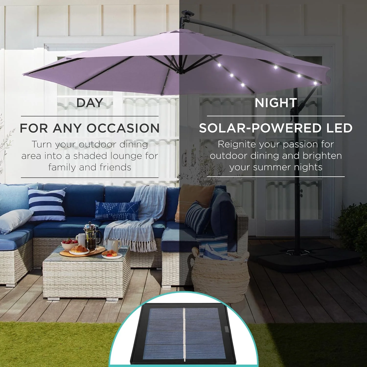 10ft Solar LED Offset Hanging Patio Umbrella - Tilt Adjustment, 8 Ribs, Lavender