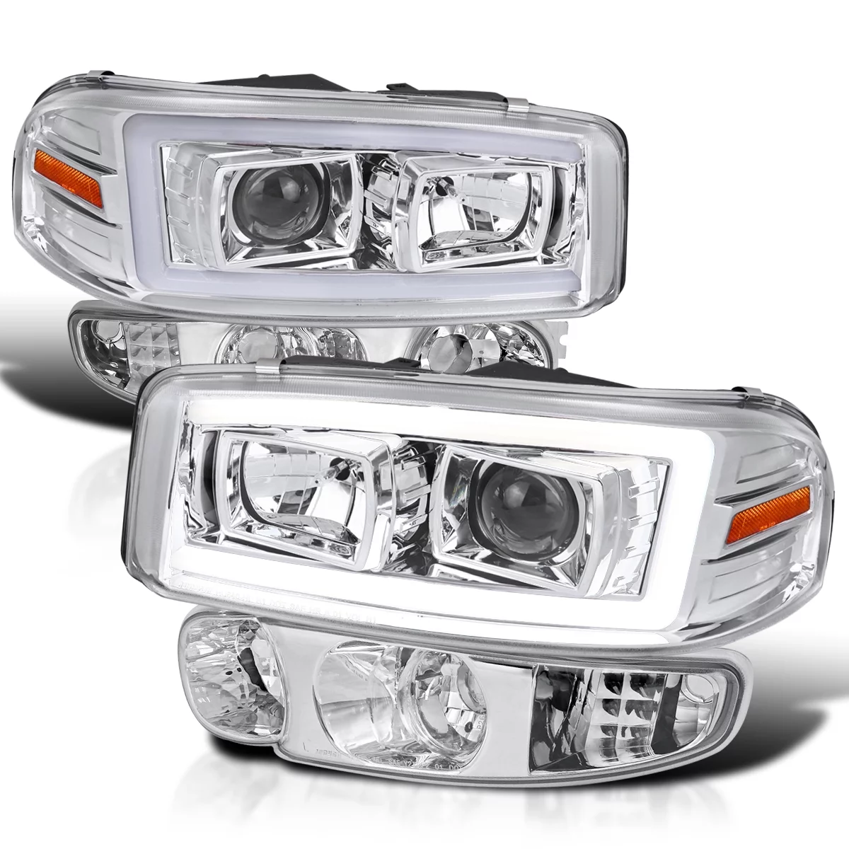 Spec-D Tuning Chrome Housing Clear Lens LED Light Bar Projector Headlight + Bumper Light Compatible with 1999-2006 GMC Sierra Denali 2001-2006 GMC Yukon XL Denali Left + Right Pair Headlamps Assembly