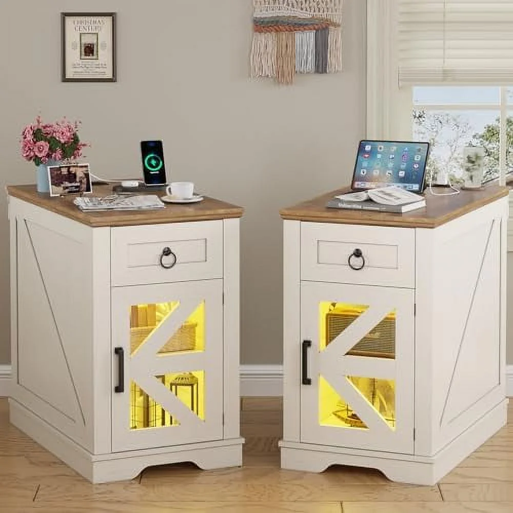 HYHBIBOOM End Table  with LED Lights & Charging Station  Farmhouse Wooden Set 2  with Sliding Drawers  Narrow Nightstand with LED Lights for Bedroom  Living Room (White  2PCS)