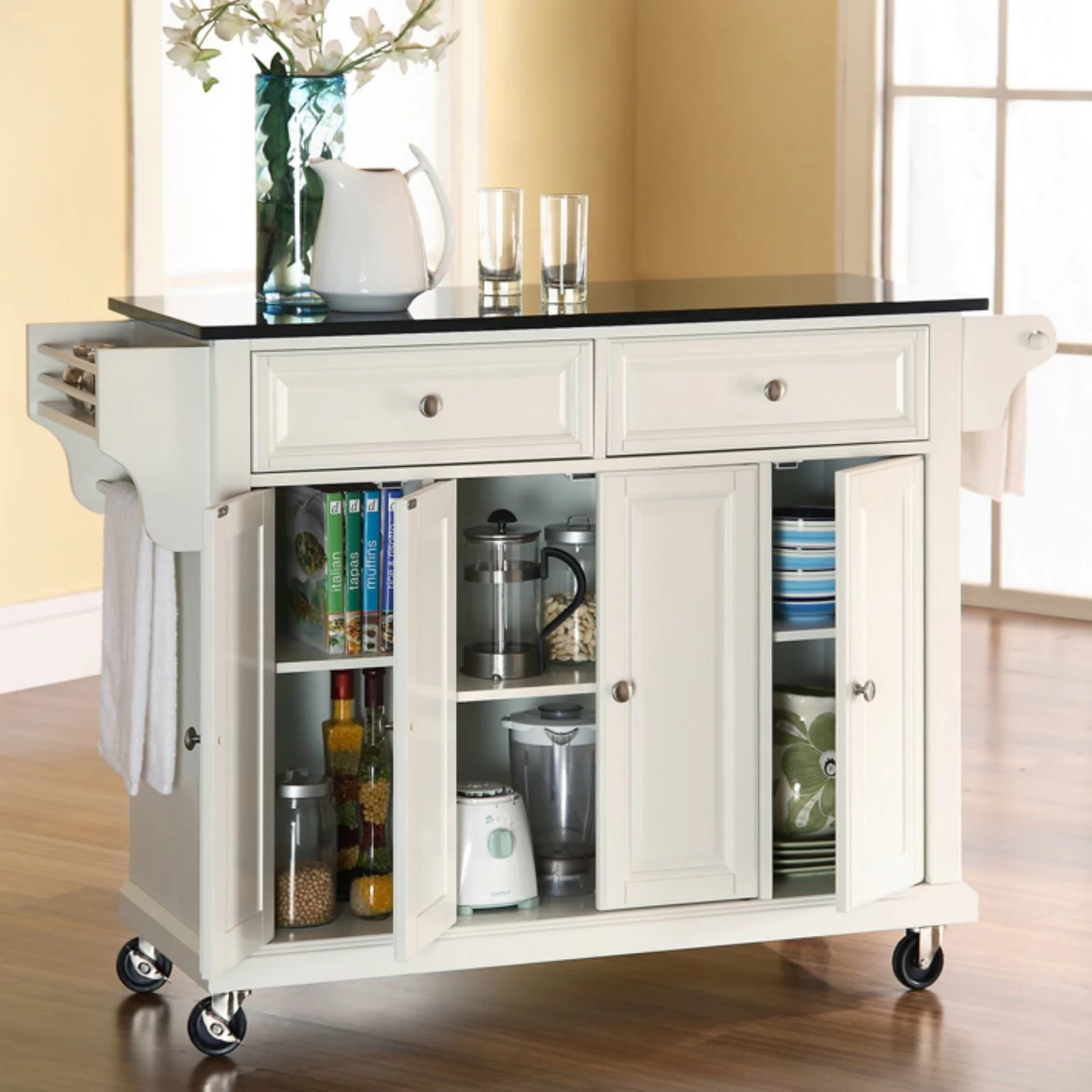 Crosley Furniture Wood/Solid Granite Kitchen Cart in White/Black