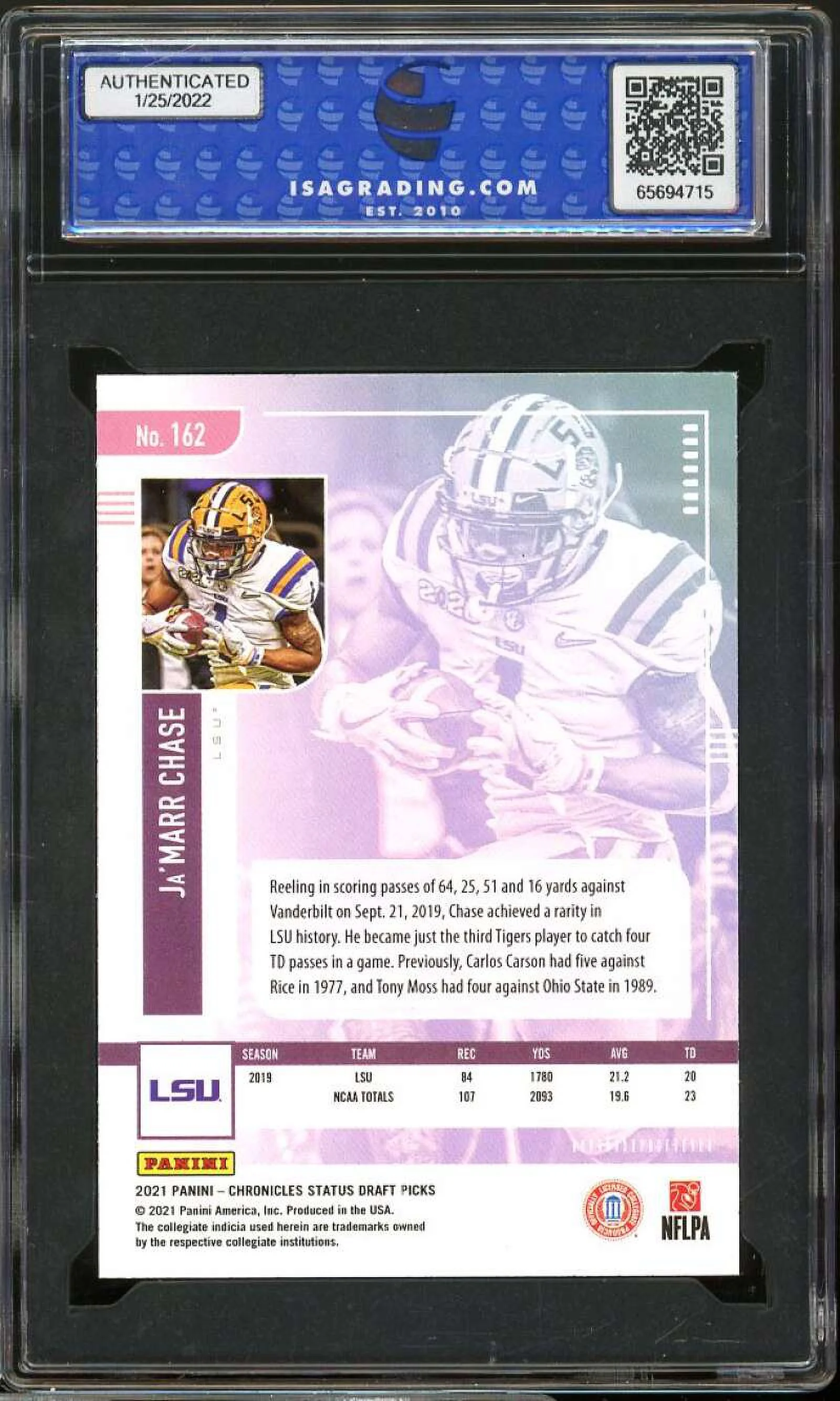 Ja'Marr Chase Rookie Card 2021 Panini Chronicles D.P. Status #162 ISA 9 MINT