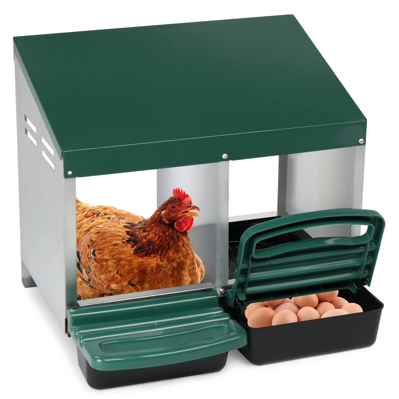 2 Compartment Roll Out Chicken Nesting Box with Plastic Basket, Easy Egg Collection, Durable Chicken Coop Solution, Green