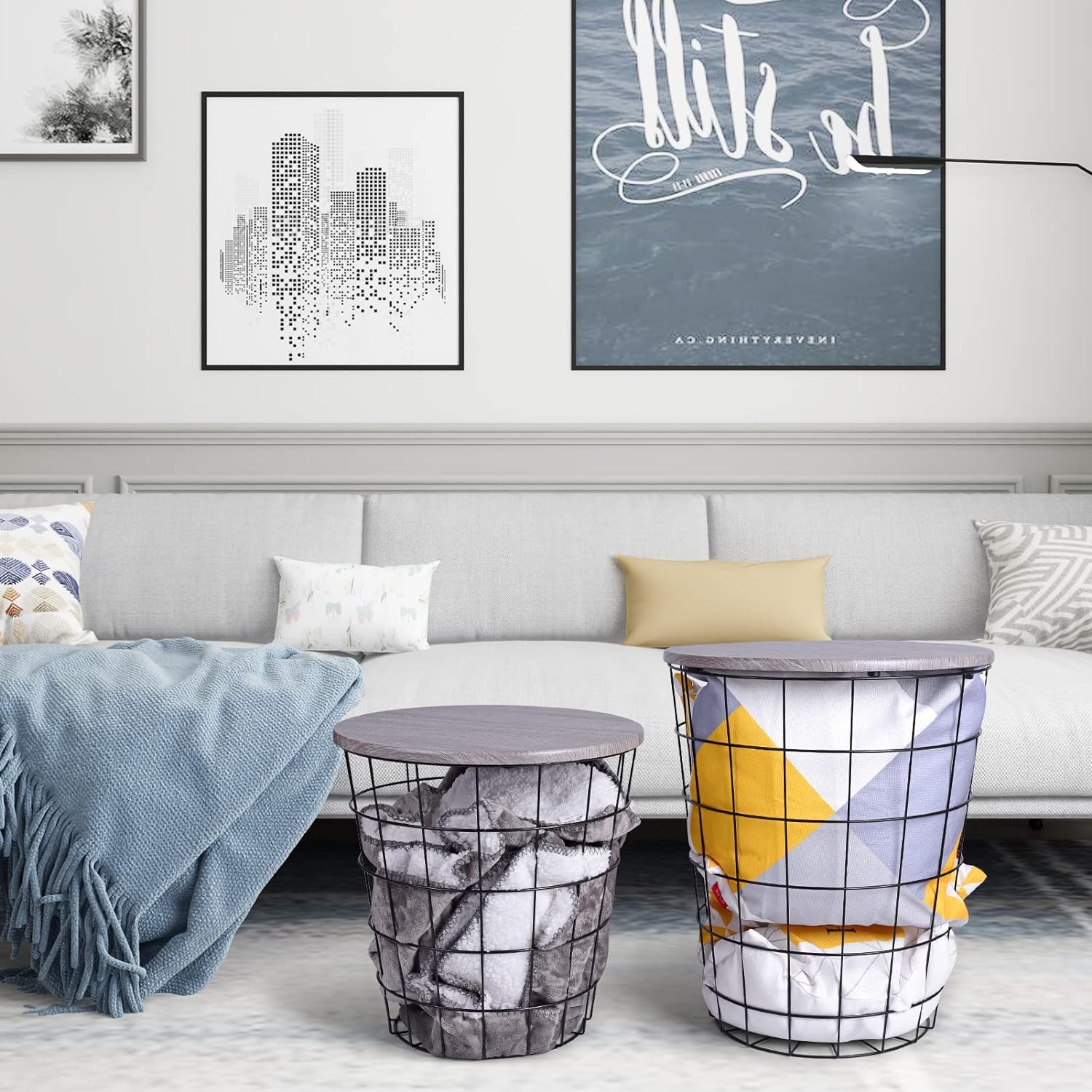 Home-Man Round Nesting Retro Wire Coffee Tables Stacking Storage Convertible Metal Basket Nesting Accent Side End Tables with Storage for Living Room Bedroom Home (Brown  Set of 3)