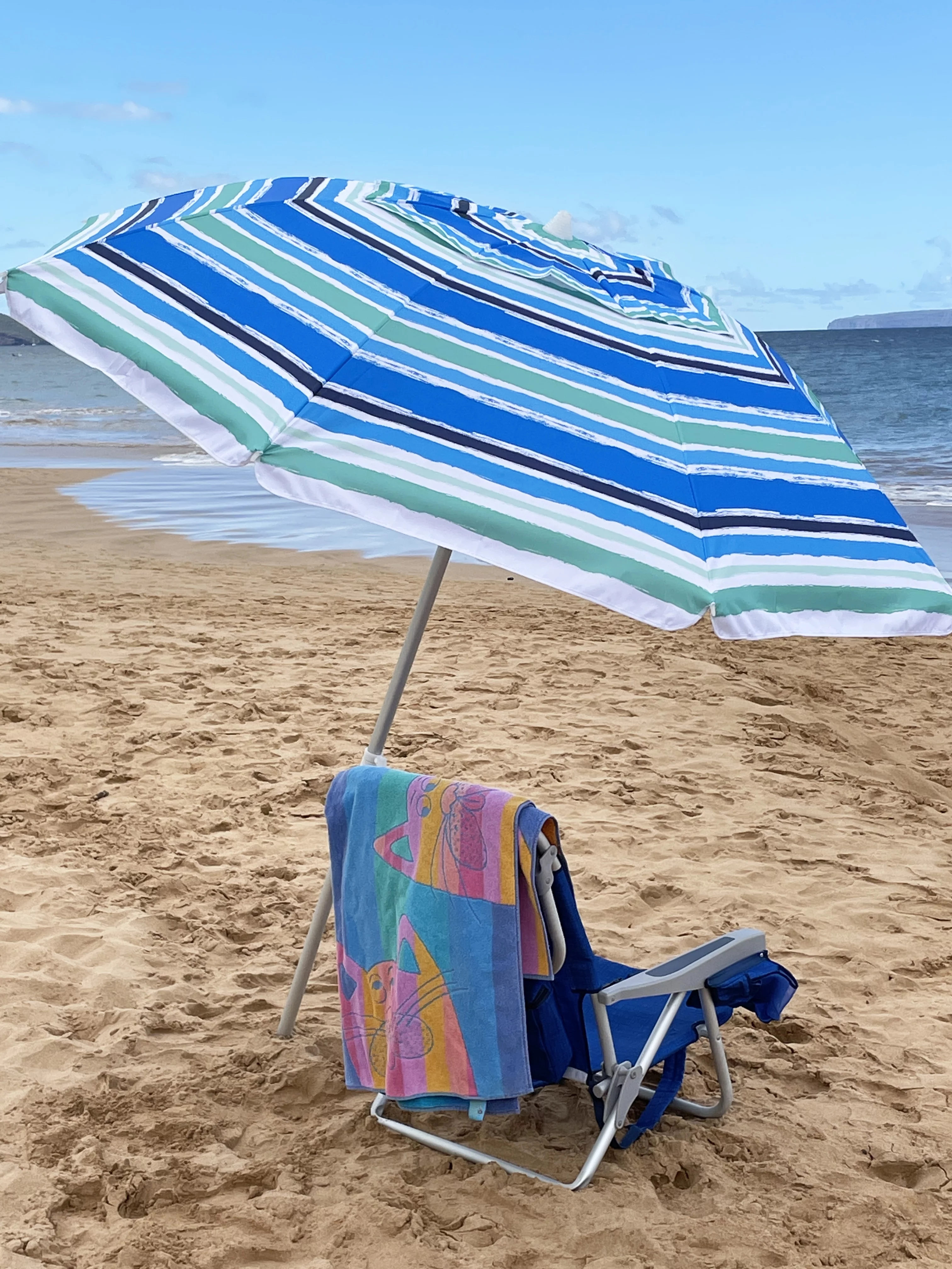 7 ft Brush Stroke Blue and Green Striped Beach Umbrella with Travel Bag