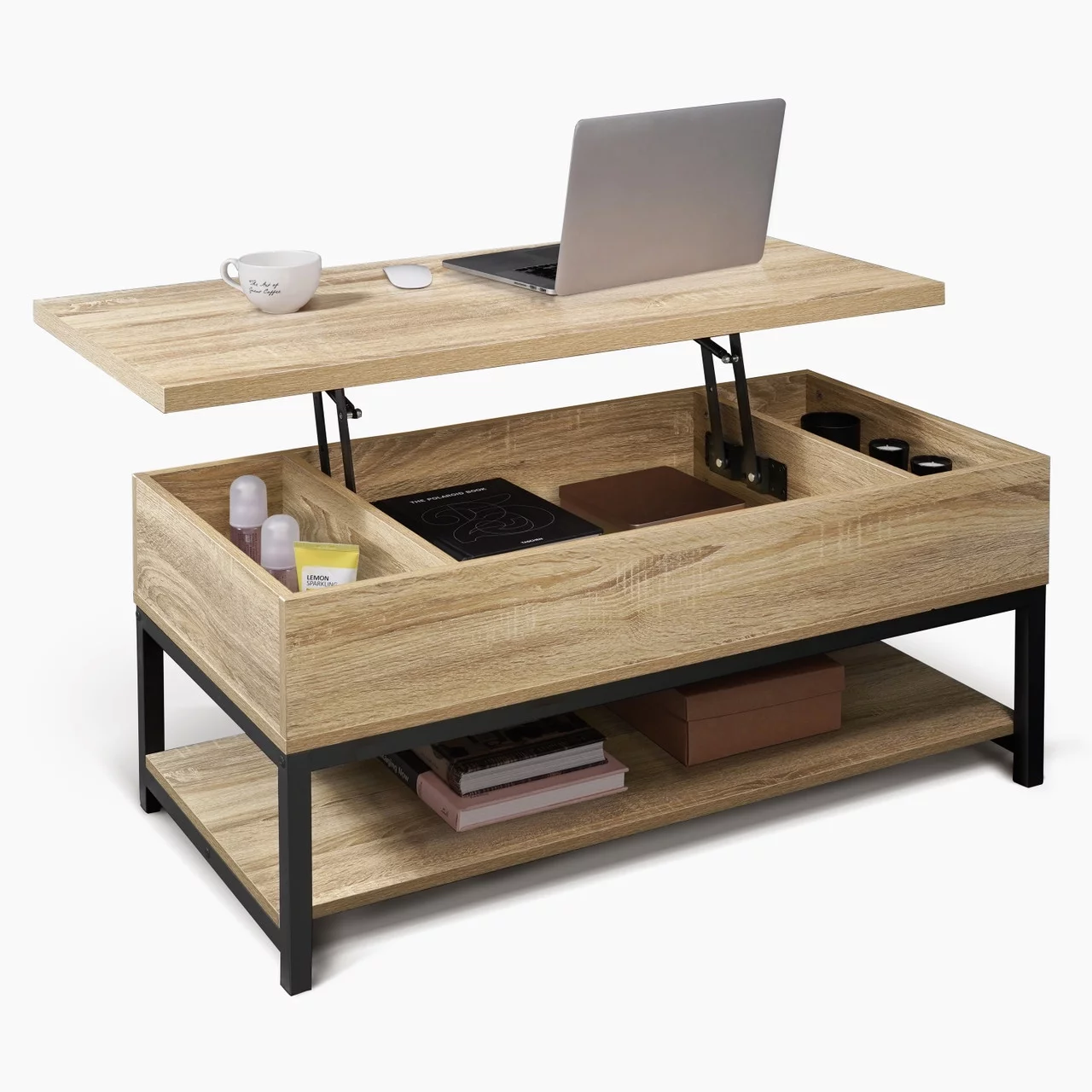 CAPHAUS Lift Top Coffee Table w/ Storage, Coffee Table w/ Bottom Open Shelf, Storage Coffee Table w/ Lift Top for Living Room, Rising Top Coffee Table w/ Hidden Compartment Storage, 41