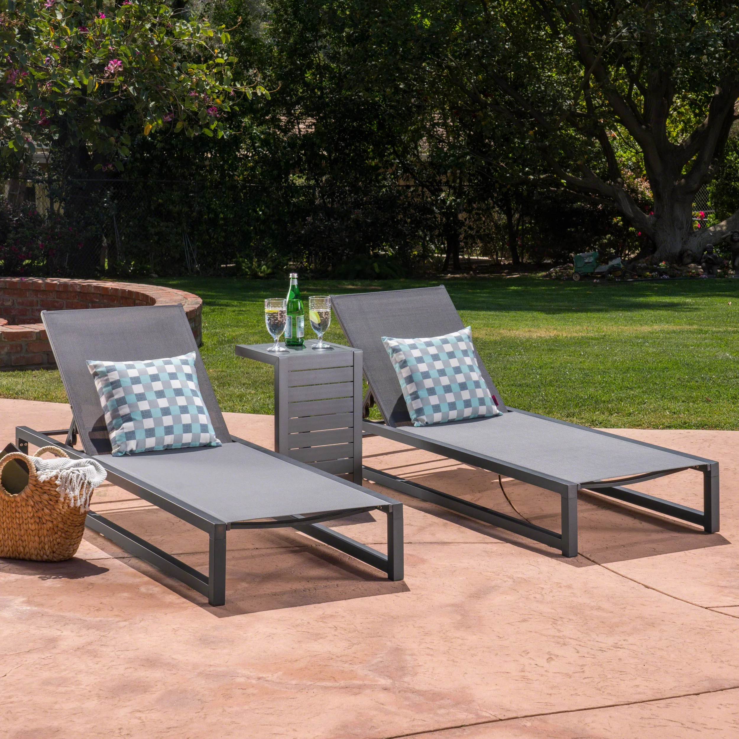 Brooks Outdoor 3 Piece Aluminum Frame Chaise Lounge Set, Grey Mesh, Black