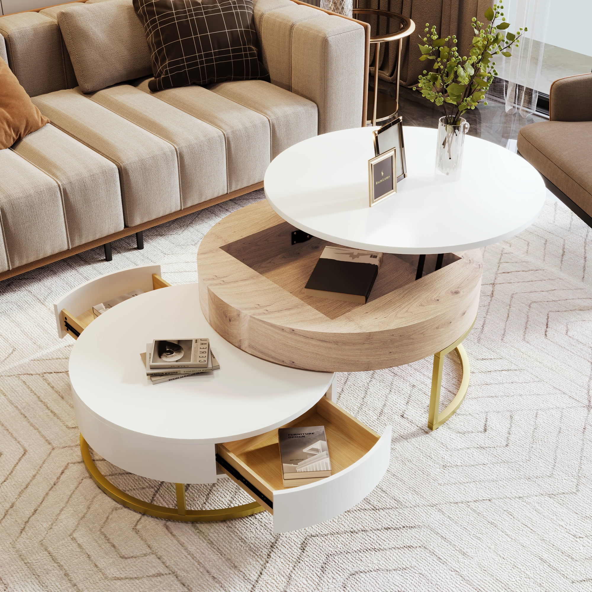DeeHome Modern Round Lift-top Nesting Coffee Tables with 2 Drawers White & Natural