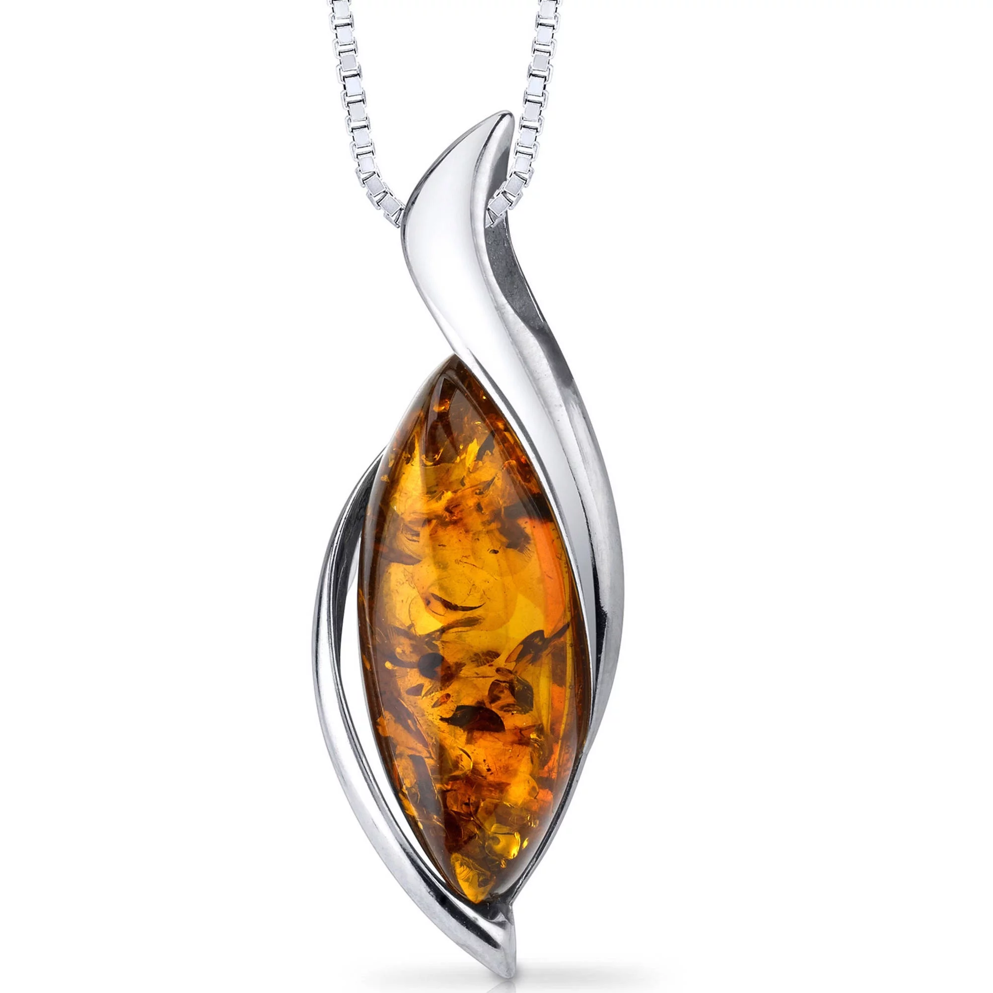 Orange Amber Bezel Set Pendant Necklace in Sterling Silver, 18