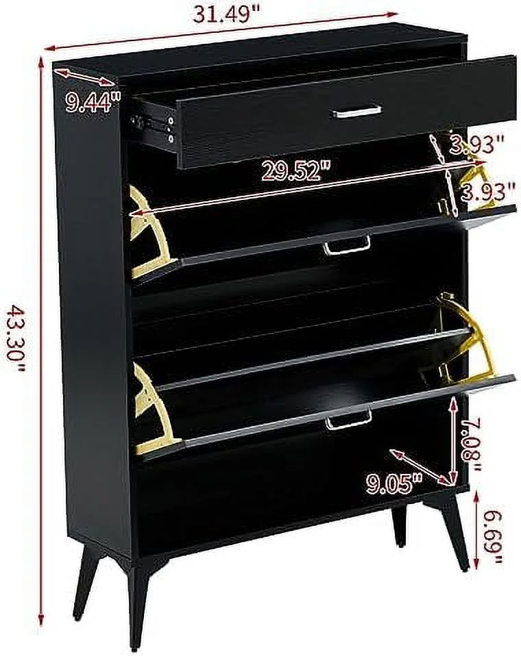TQNLKGZ Shoe Cabinet with 1 Slide Drawer & 2 Flip Drawers  Freestanding Shoe Rack  Organizer，Shelves for Narrow Closet  Entryway  Living Room (Black)