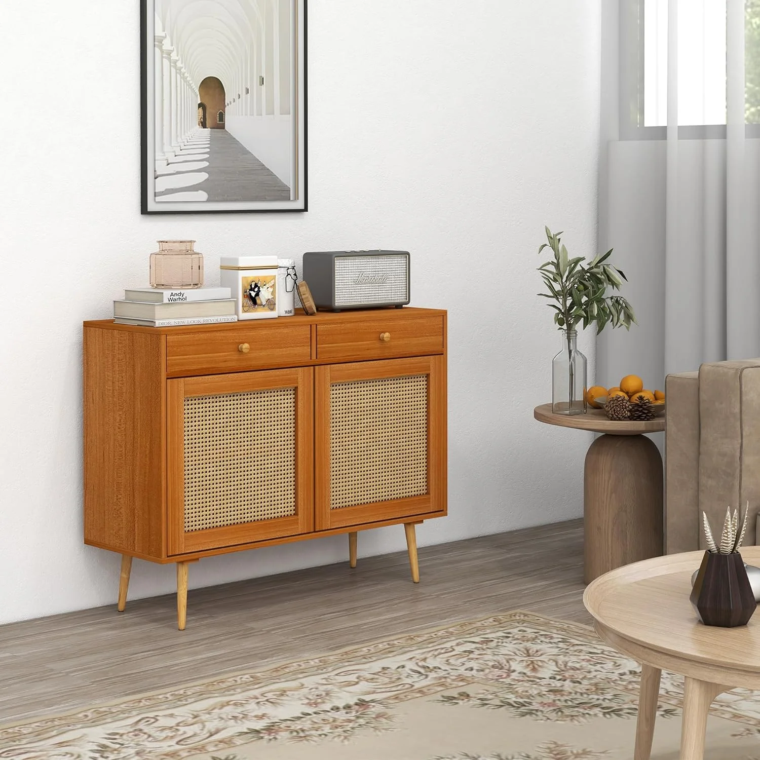 GEROBOOM Cabinet   Kitchen Cabinet with 2 Drawers  Adjustable   Rattan Doors and Wooden Legs  Accent Cabinet for Living Room  Light Brown