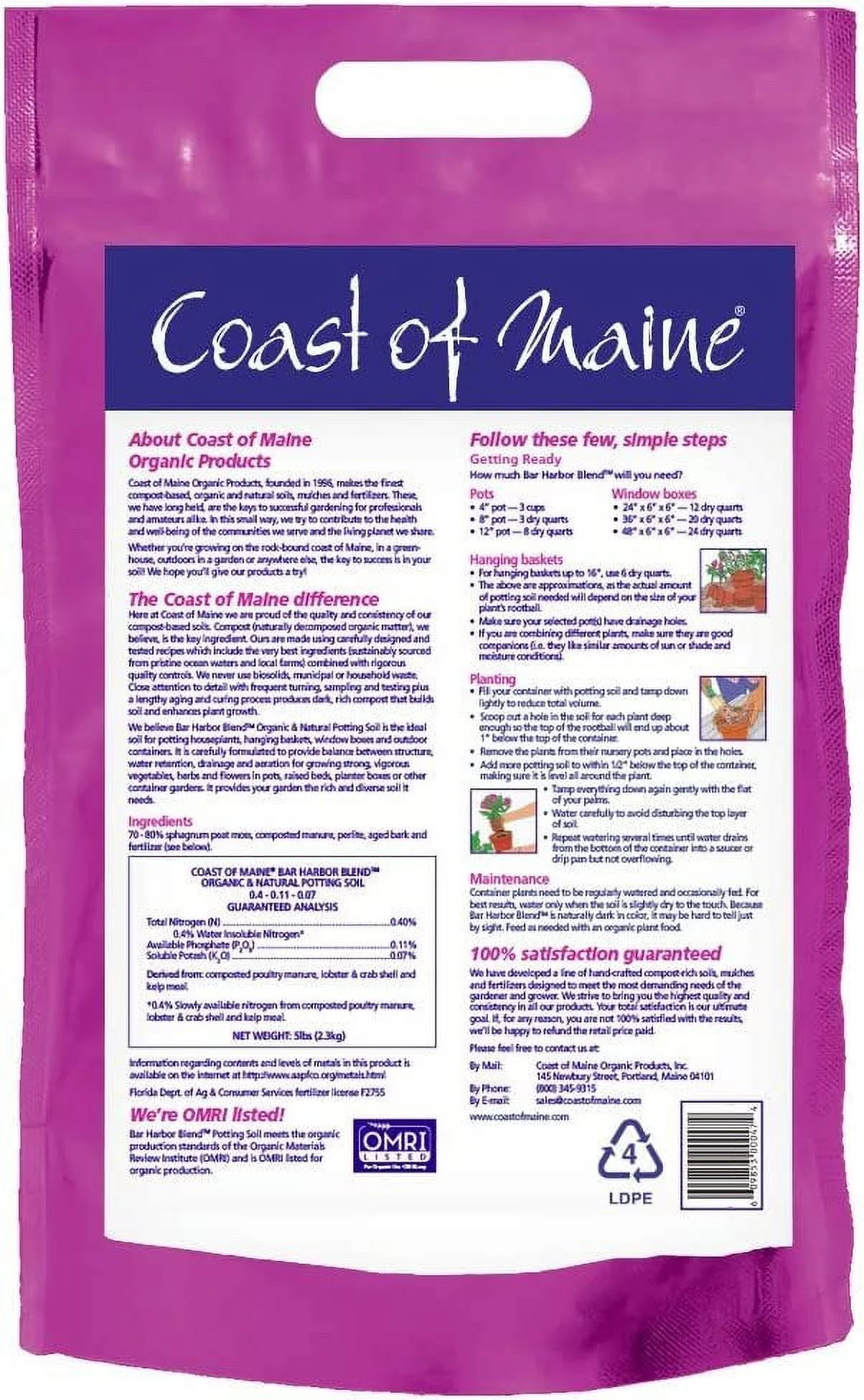 Coast of Maine Bar Harbor Blend Organic Potting Soil for Container Gardens and Flower Pots, 8qt