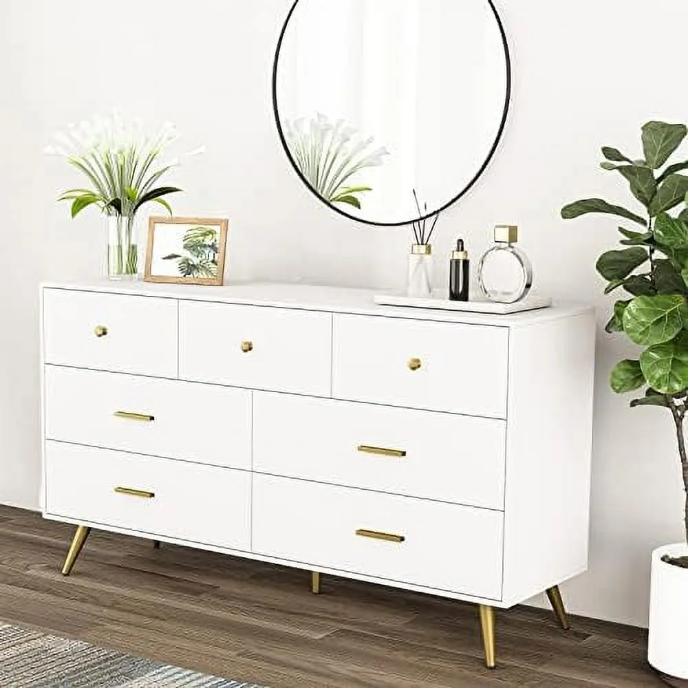 6 Drawer Dresser for Bedroom   White Wood Dresser with Wide Drawers and Metal Handles  Long Chest of Drawers for Living Room Hallway Entryway  White