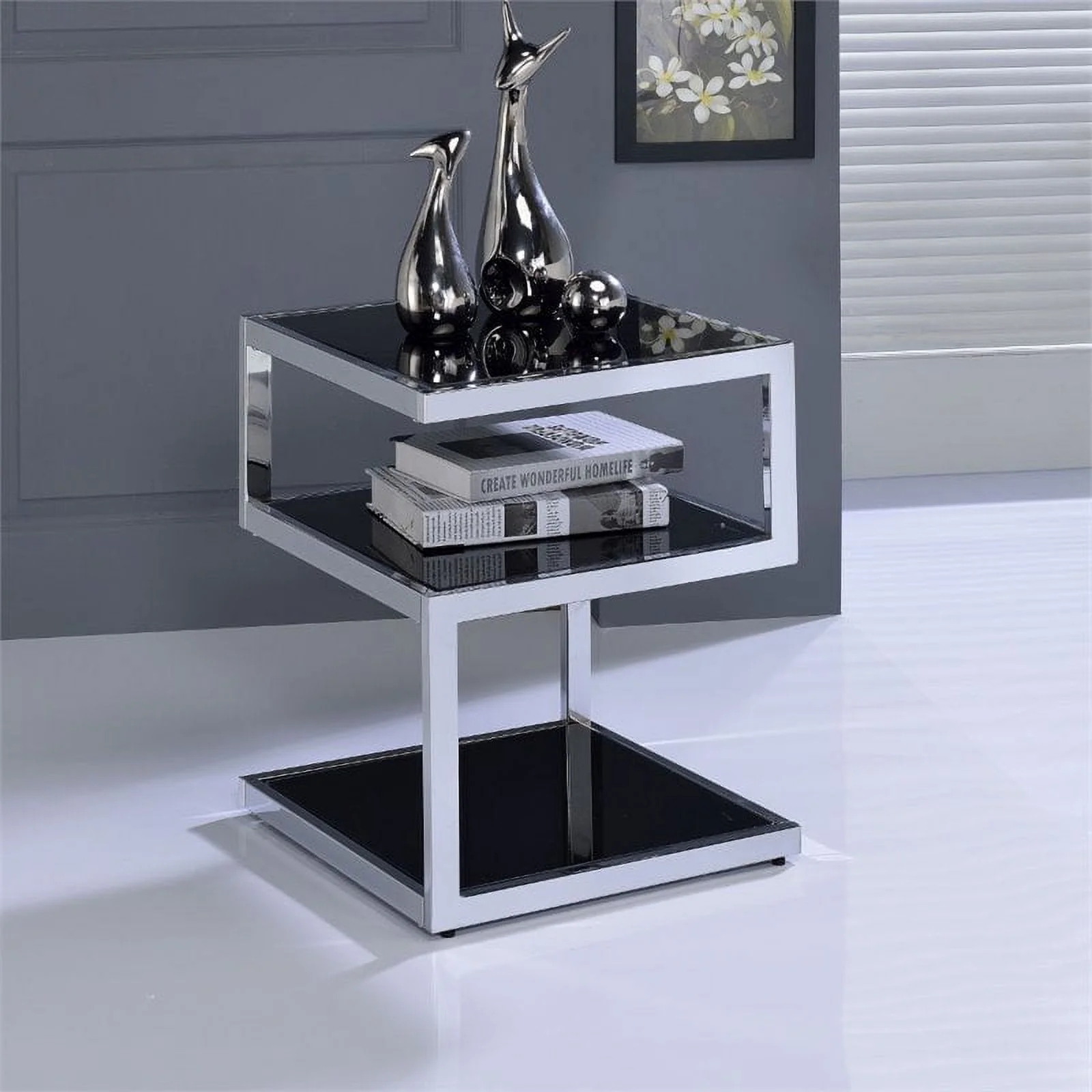 Bowery Hill Modern Metal and Glass End Table in Black/Chrome