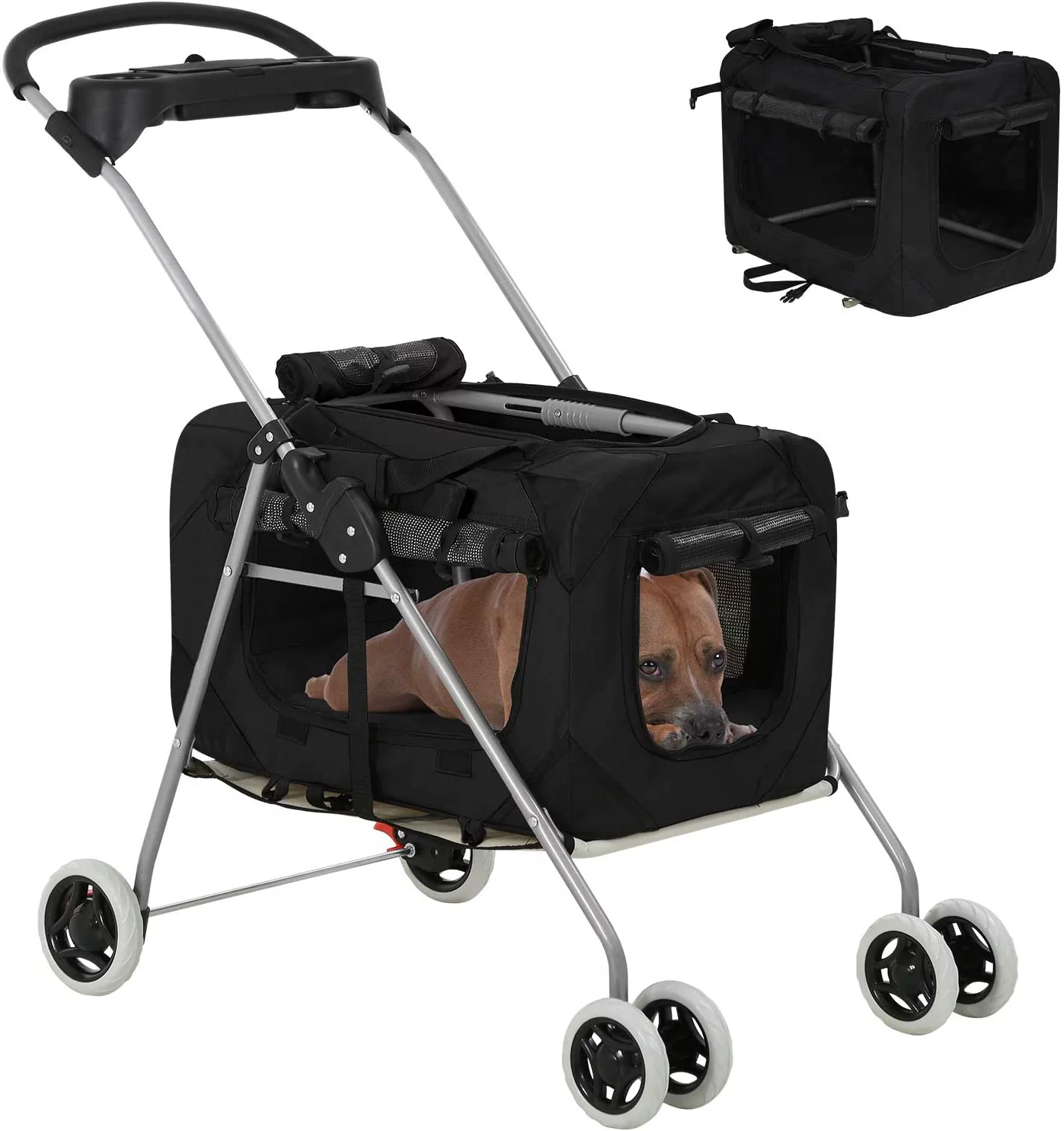 Dog Stroller Cat Stroller Pet Carriers Bag for Small Medium Dogs Cats Travel Camping 4 Wheels Lightweight Waterproof Folding Crate Stroller with Soft Pad,Black