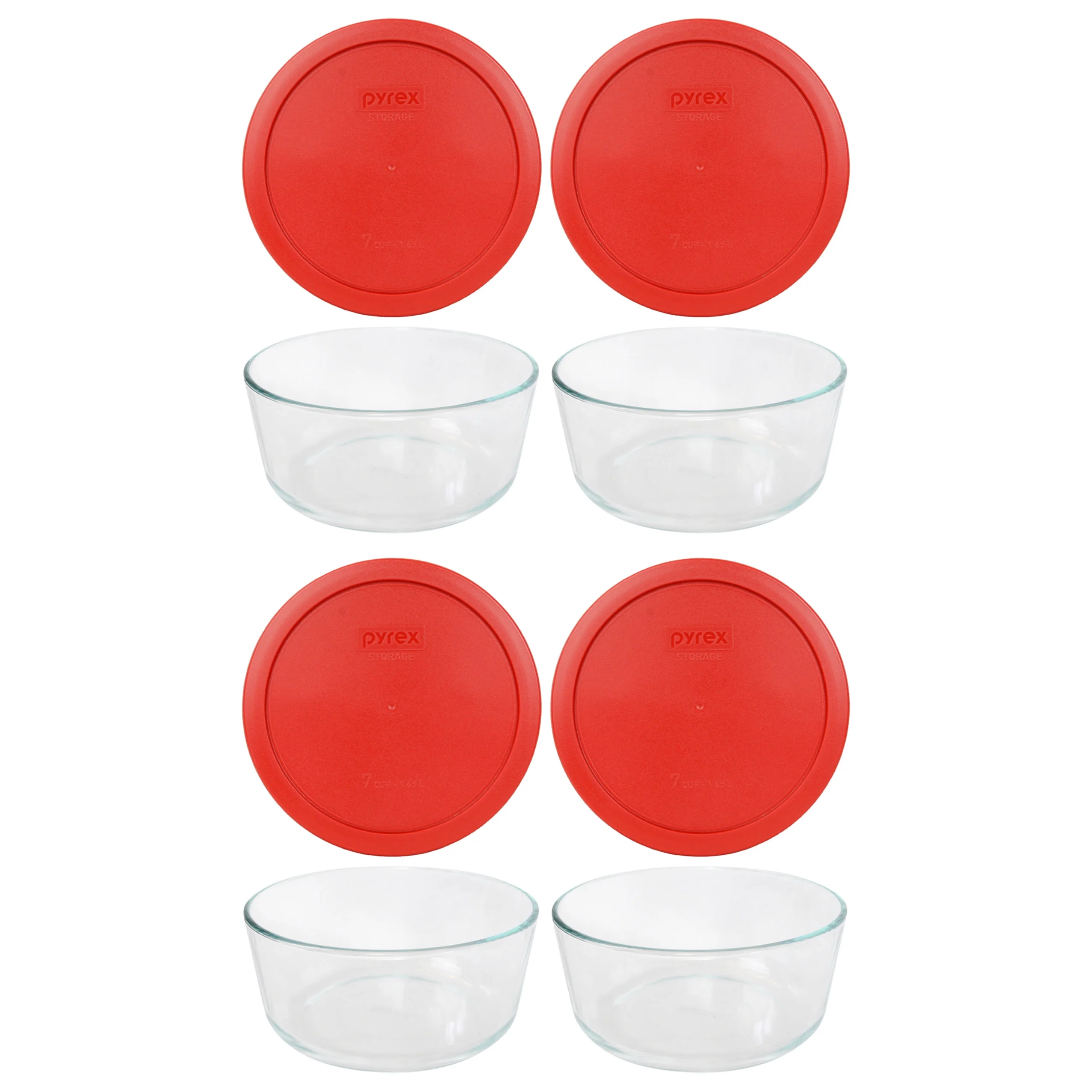 Pyrex 7203 Round Glass Food Storage Bowl w/ 7402-PC Poppy Red Plastic Lid Cover (4-Pack)