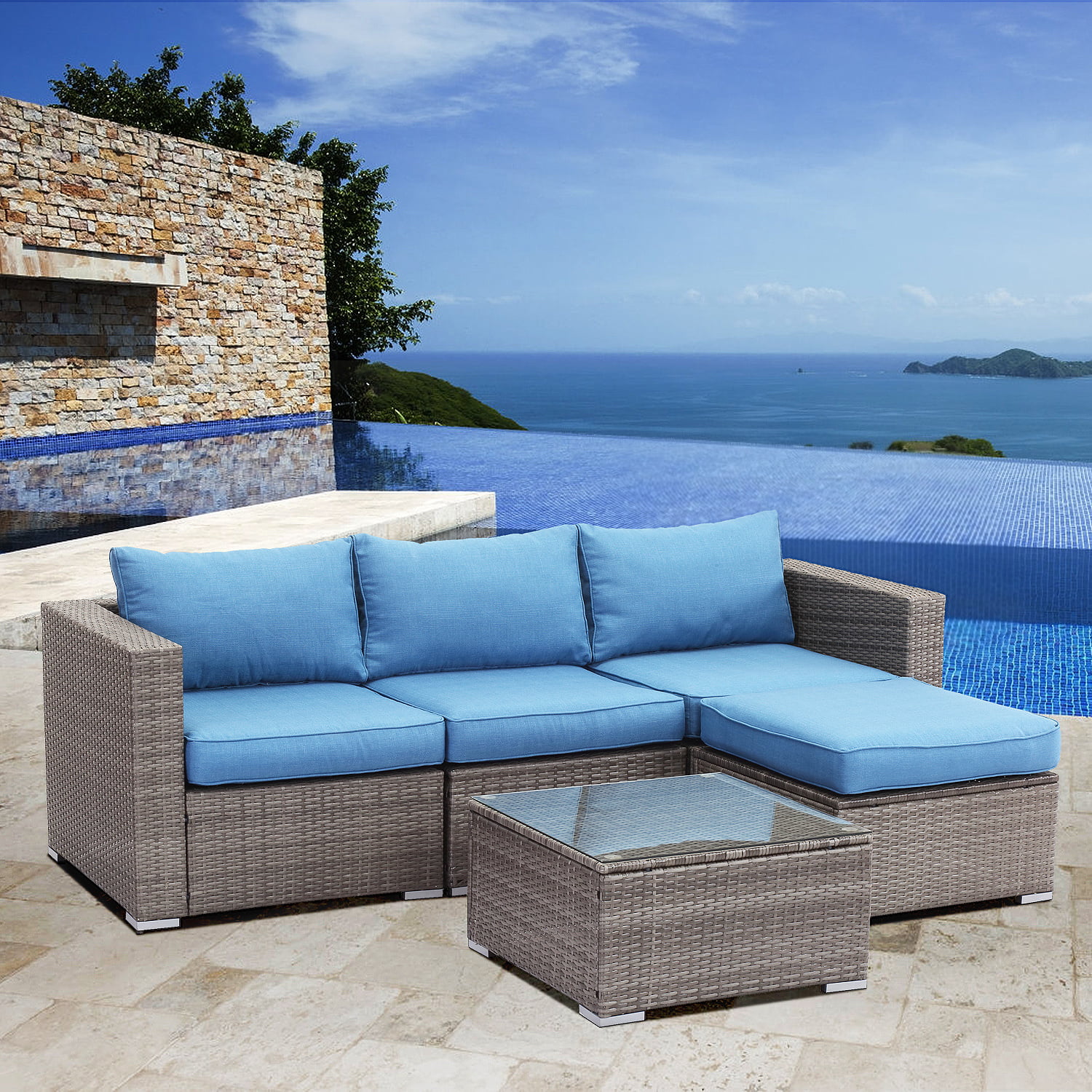 Cozyhom 5 Pcs Outdoor Sectional Sofa Set Patio Wicker Furniture Set with Tea Table