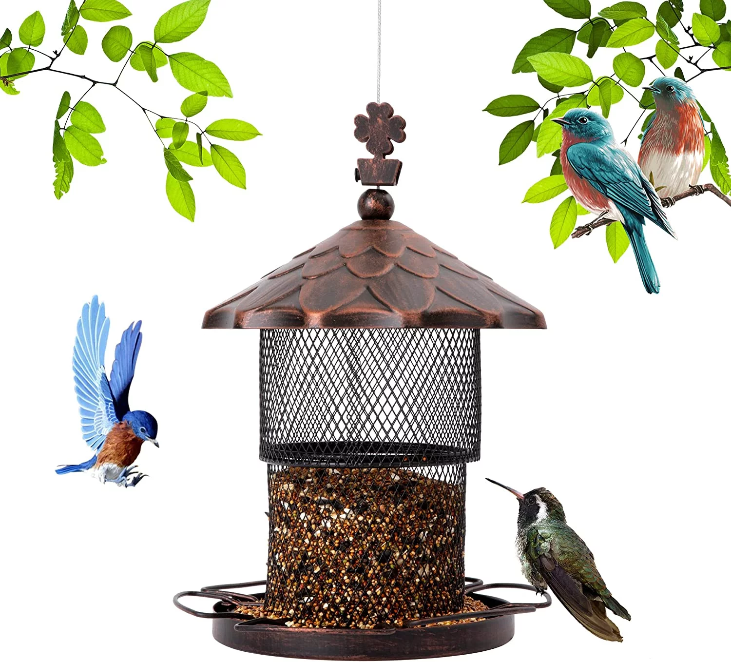 Bird Feeder for Wild Birds, Retractable 7.4LB Capacity Hanging Wild Bird Feeder, Heavy Duty Metal Squirrel-Proof Bird Feeders for Outside Garden Yard(Bronze)