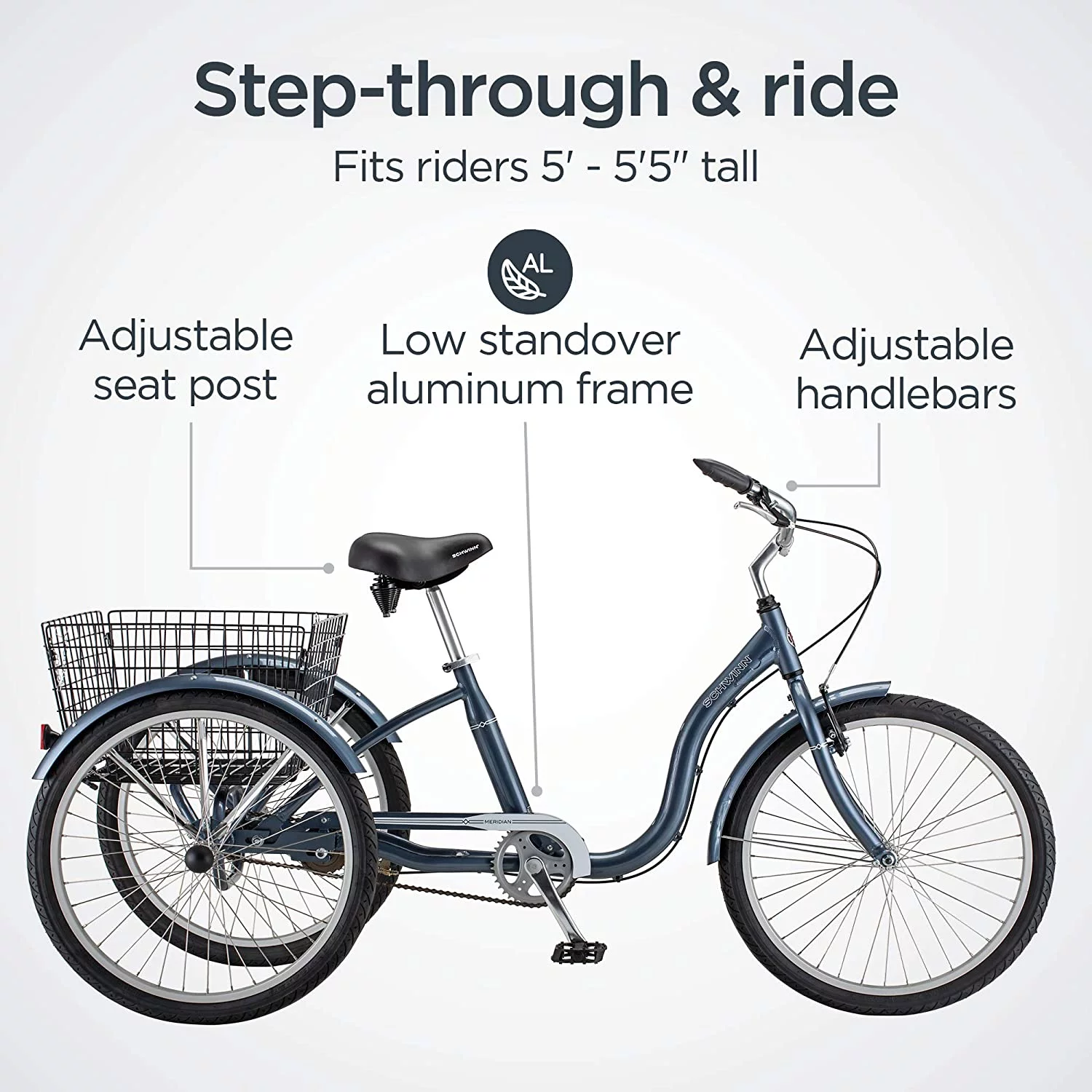 Schwinn Meridian Adult Tricycle, Three Wheel Cruiser Bike,, 1 Speed, 26-Inch Wheel Trike, Cargo Basket, Adjustable Handlebars, Slate Blue , Women Men