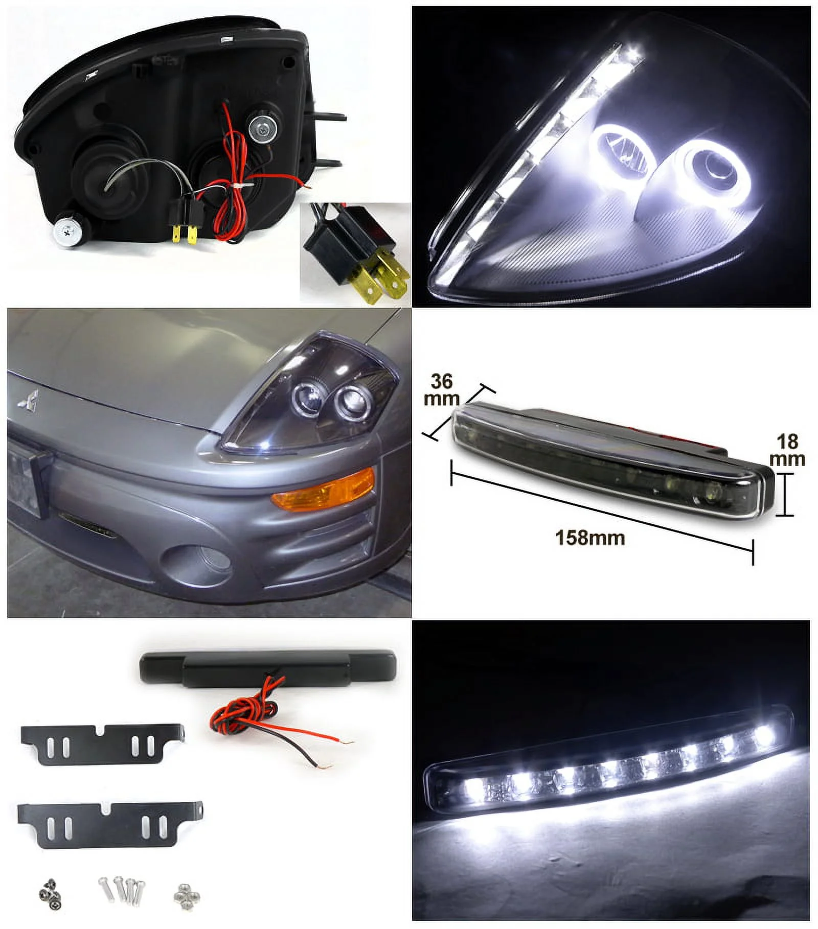 Spec-D Tuning Black Halo SMD Projector Headlights + Bumper LED Fog Lamp Compatible with Mitsubishi Eclipse Left + Right Pair Headlamps Assembly