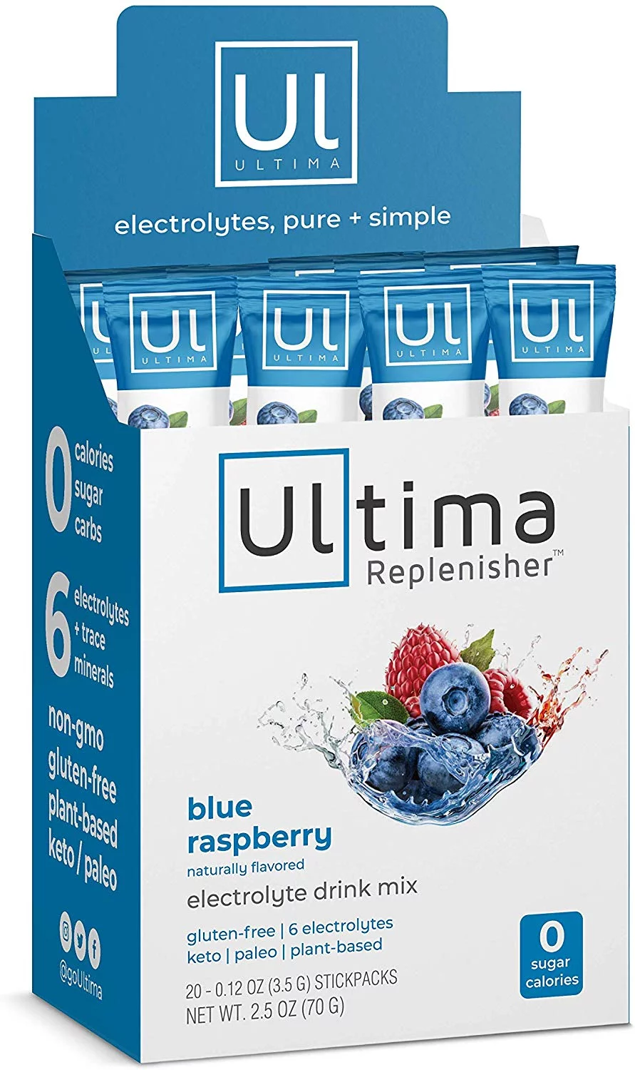 Ultima Replenisher Electrolyte Hydration Mix, Blue Raspberry, 20 Stickpacks - Sugar Free, 0 Calories, 0 Carbs - Gluten-Free, Keto, Non-GMO, Vegan -Magnesium, Potassium, Calcium, Sodium