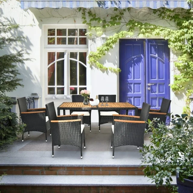 Ktaxon 7PCS Patio Wicker Rattan and Acacia Wood, Sofa Set Outdoor Sectional Conversation Set, Wicker Dining Set for Outdoor and Indoor