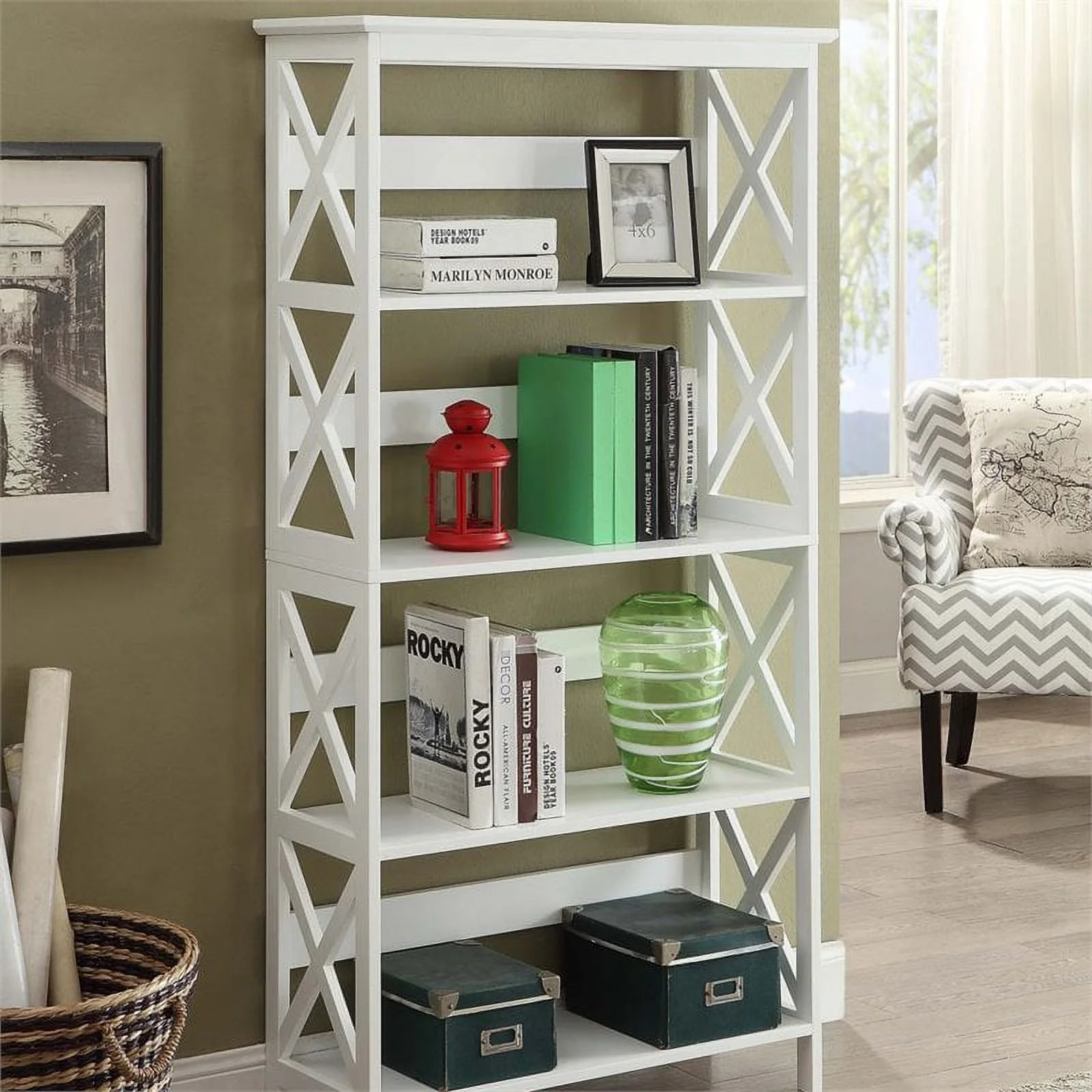 Pemberly Row Five Shelf Bookcase in White Wood Finish