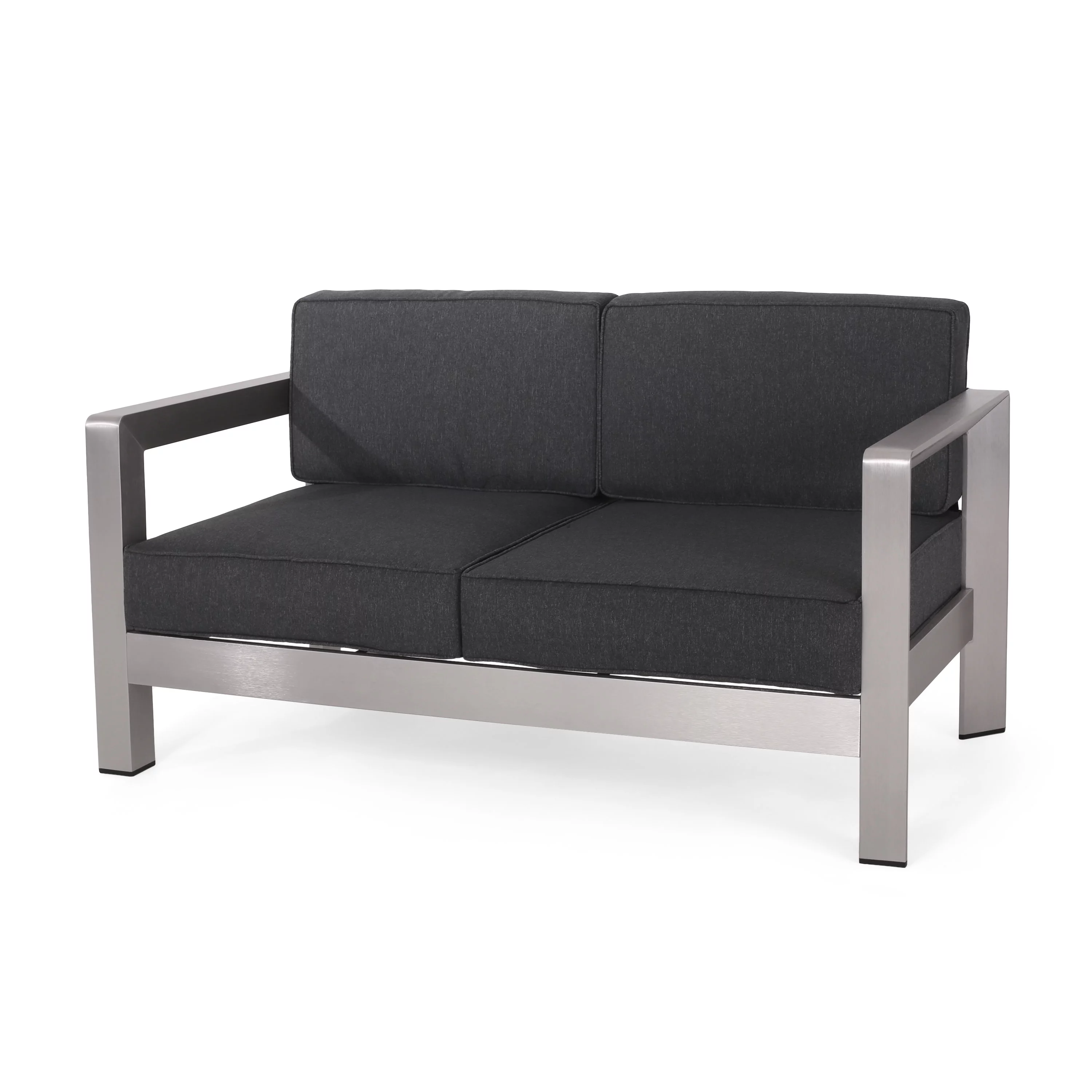 GDF Studio Alec Outdoor Aluminum Loveseat with Cushions, Silver, Charcoal