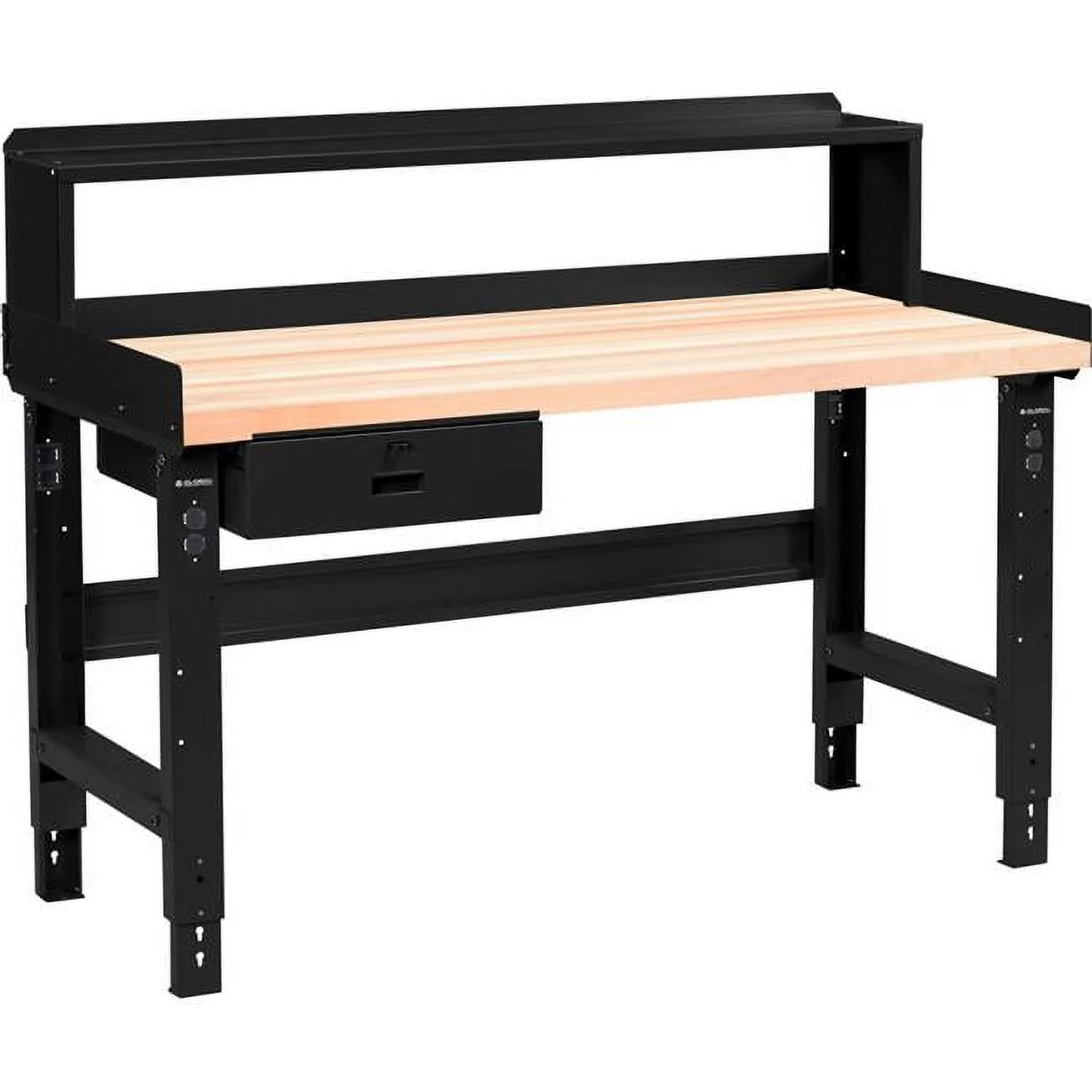 Adjustable Height Workbench with Drawer & Riser, Maple Square Edge Top - Black - 72 x 30 in.
