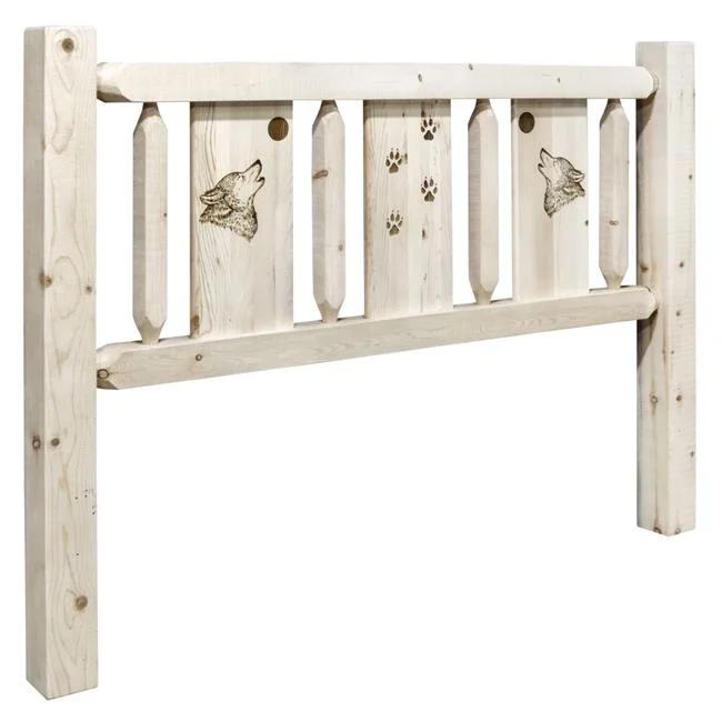 Montana Woodworks  Homestead Collection Queen Size Headboard with Laser Engraved Wolf Design, Clear Lacquer Finish