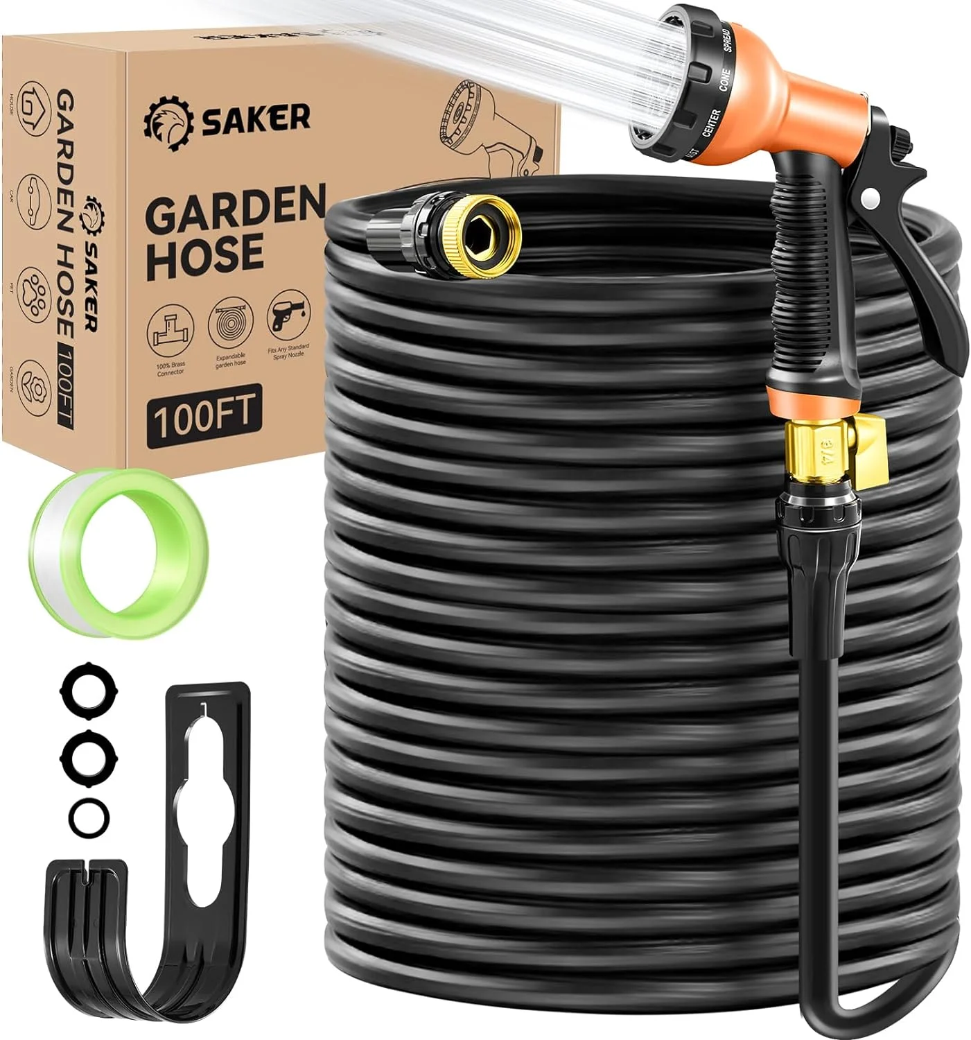 Saker Garden Hose, 100ft Expandable Water Hose with 10 Functions Spray Nozzle, Flexible Hose with 3/4