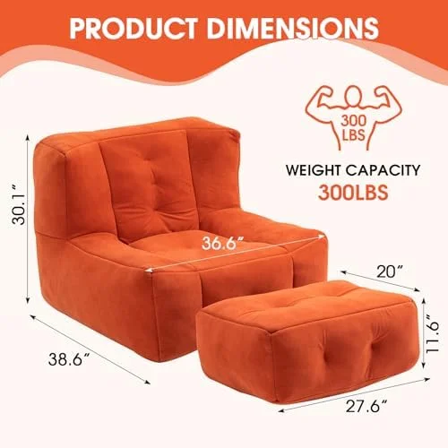 HBLUKDL Microfiber Upholstered Bean Bag Sofa  Stuffed Bean Bag Couch with Footstool  Button Tufted Lazy Sofa  Memory Foam Stuffed Accent Sofa Chair for Living Room  Bedroom (Black)