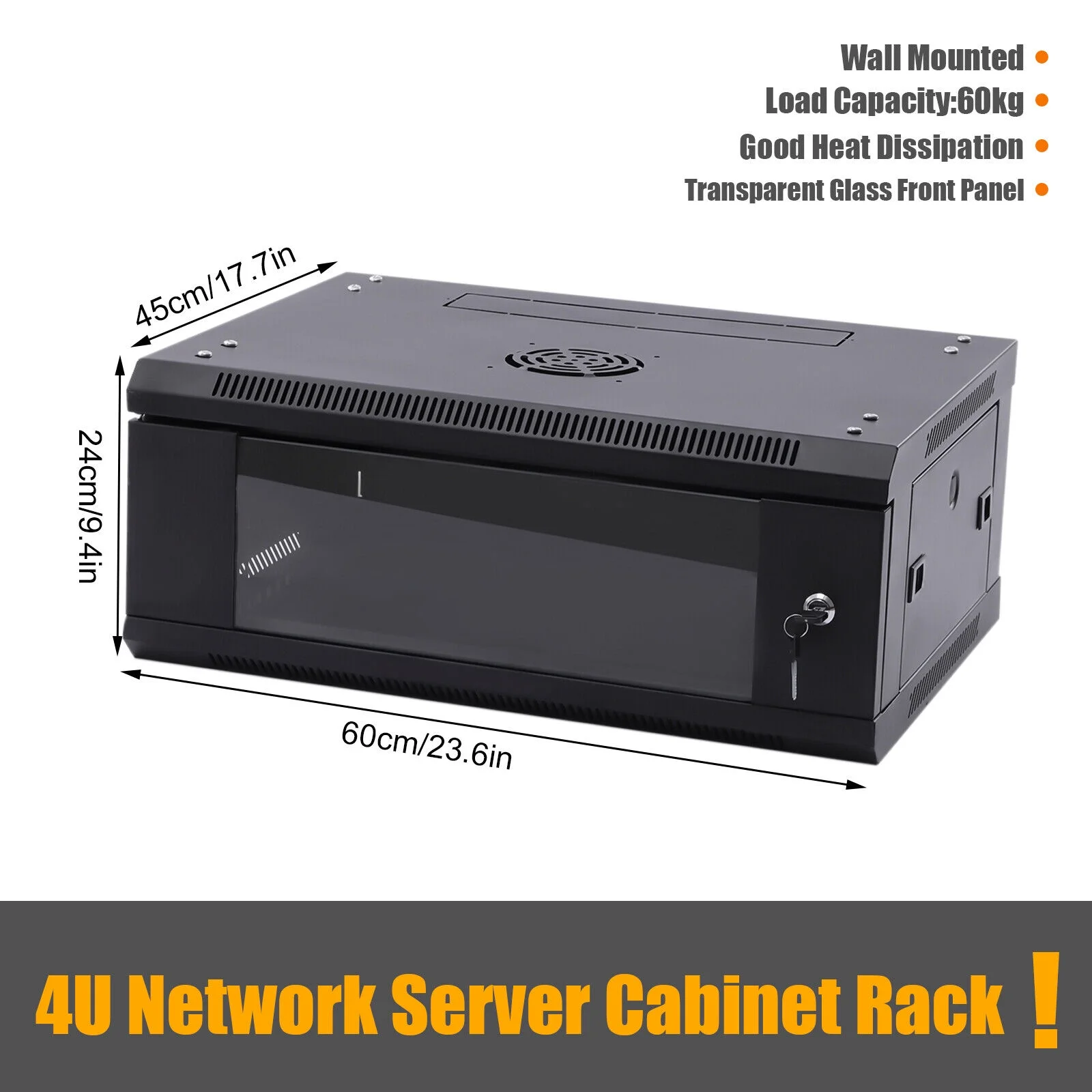 Wall Mounted Server Cabinet Case Rack 4U Network Server Data Cabinet of Black Load 132.28lbs Lockable Deep Drawer with Key for Storing Spare Parts