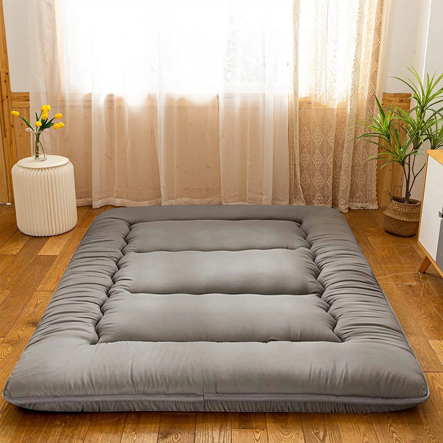 YILAN Charcoal Grey Japanese Shiki Futon Mattress Floor Mattress, Roll Up Guest Mattress Floor Bed Folding Portable Camping Mattress Thicken Mattress Sleeping Pad for Guest Room Queen Size