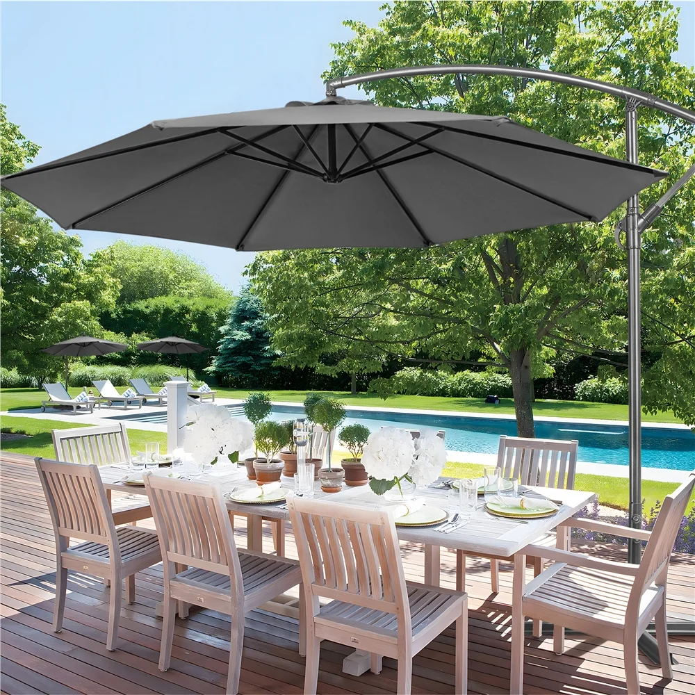 Alden Design 10 Ft Patio Offset Umbrella with Crank & Cross Base for Outdoor, Gray