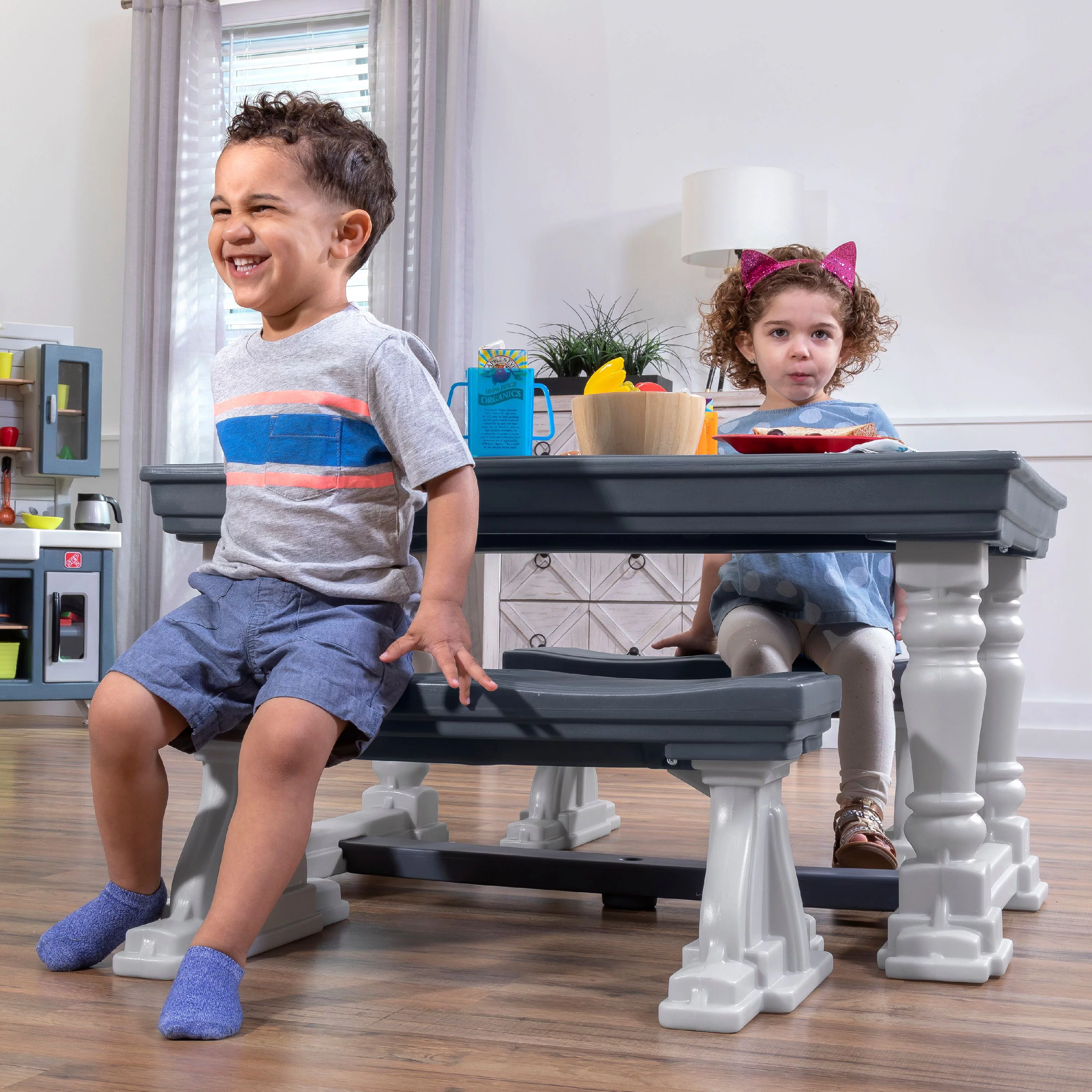 Step2 3-Piece Gray Farmhouse Table And Bench Set Seats Four Children