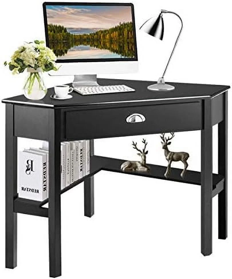HYHBIBOOM Corner Desk  Corner Computer Desk with Drawer for Small Space  Small Corner  Vanity Desk  90 Degrees Triangle Corner Desk with  Shelves (Coffee & Black)