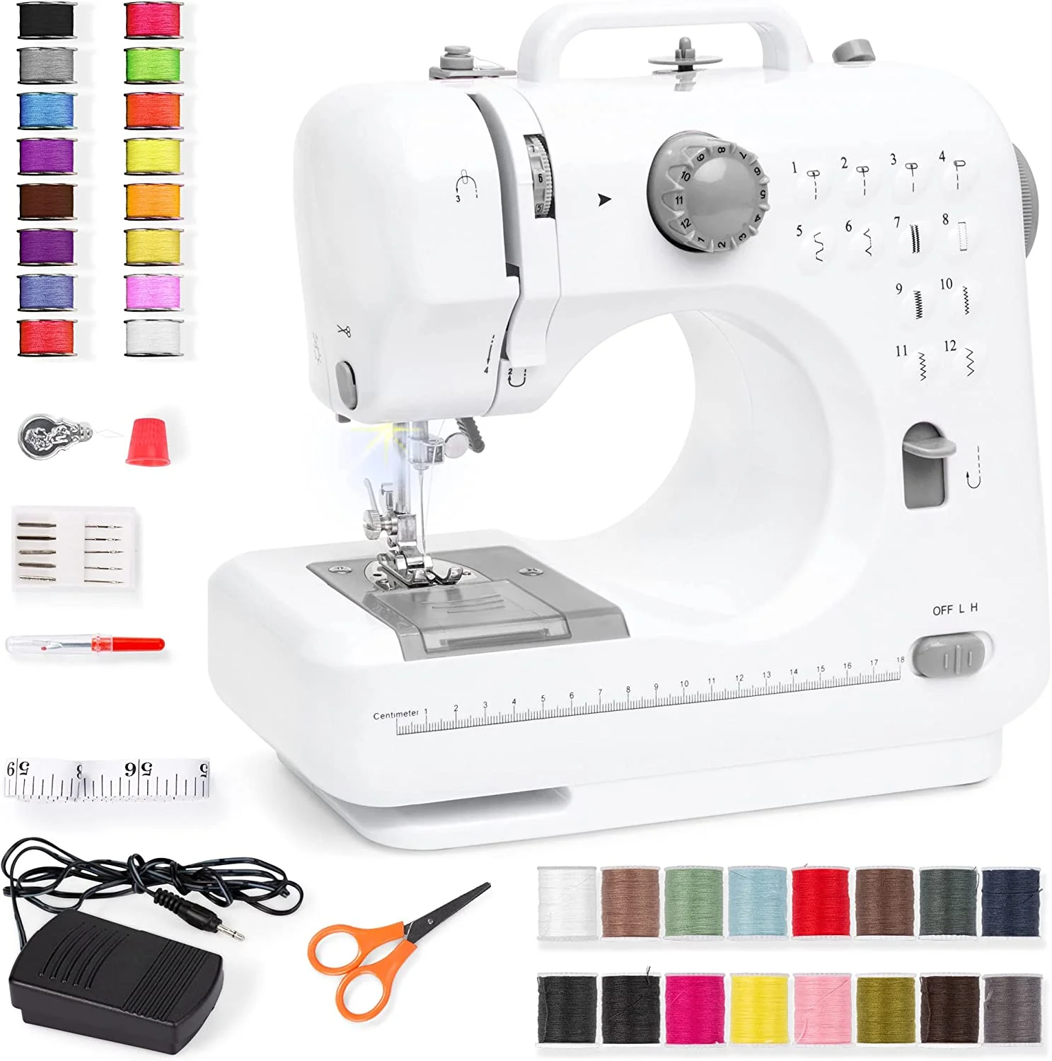 Compact Sewing Machine, 42-Piece Beginners Kit, Multifunctional Portable 6V Beginner Sewing Machine w/ 12 Stitch Patterns, Light, Foot Pedal, Storage Drawer - Gray/White