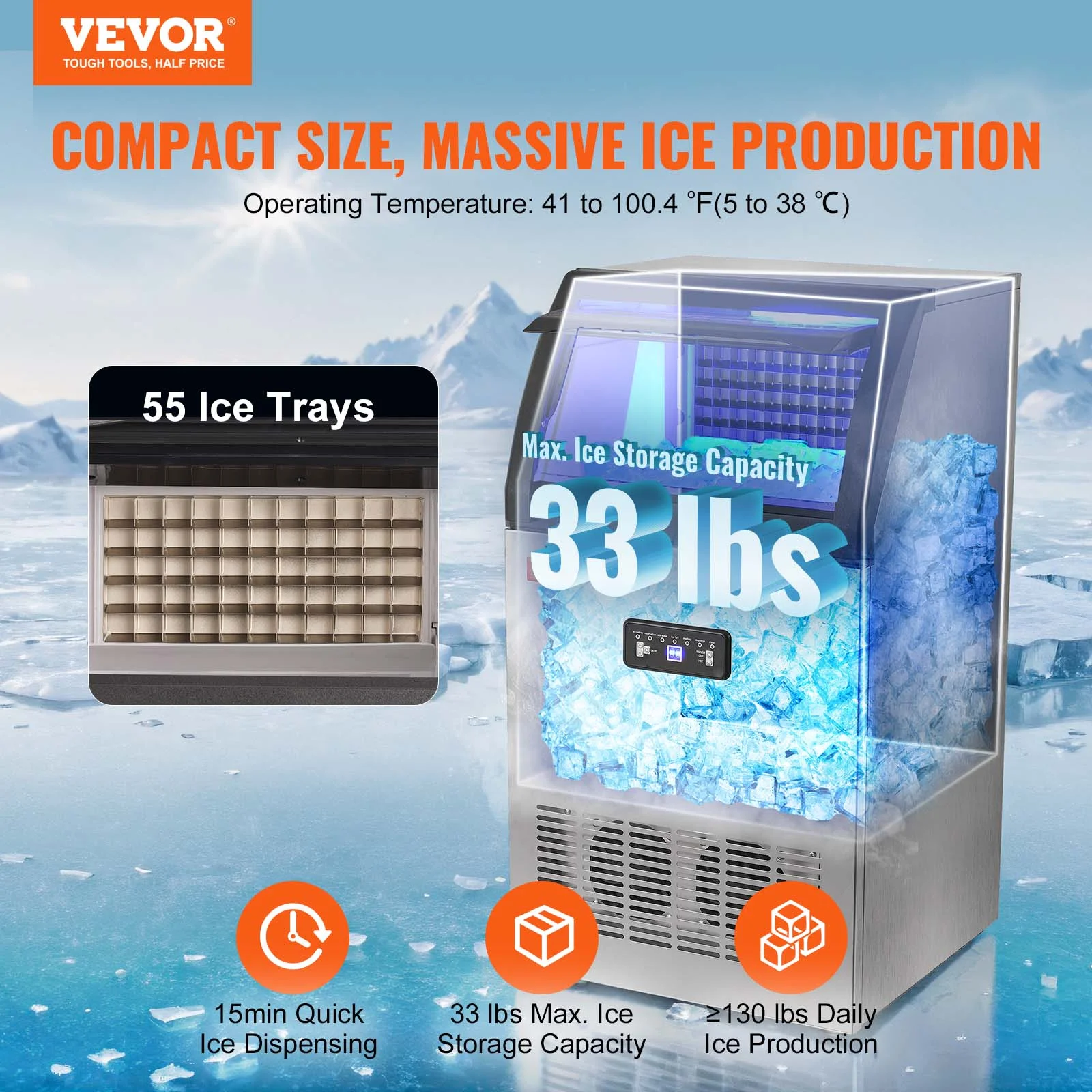 BENTISM 110V 132LBS/24H Commercial Ice Maker Auto Clear Cube Ice Making Machine
