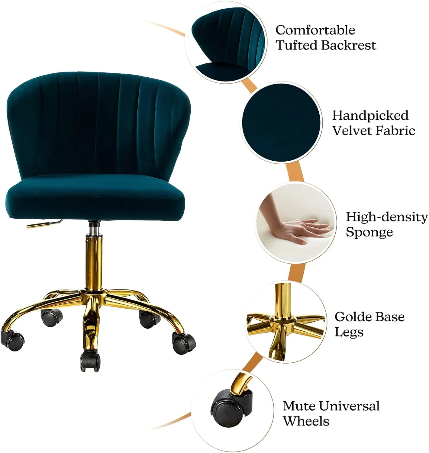 ZWGHLI TINA' Office Desk Chairs with Wheels & Gold Base  Modern Velvet Cute Armless Office Chair  Adjustable Low Back Swivel Rolling Chair  Upholstered Task Chair  Room Vanity Stu