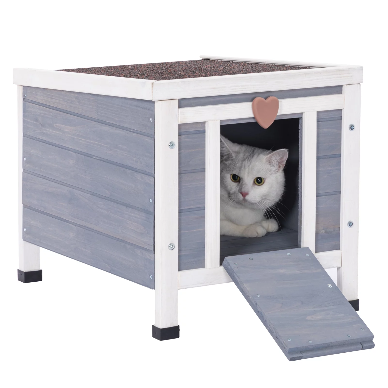 Petsfit Outdoor Cat House Higher Feet Feral House for Rabbit Hutch with Openable Roof Gray