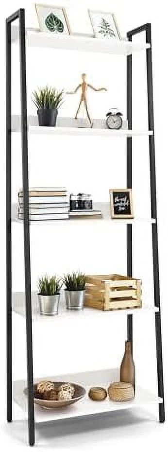JYHOME 5 Tier Ladder Bookshelf  24 Inch Width Free Standing   Bookcase   Rack Organizer  Industrial Book Shelves for Home Office  Living Room  Kitchen  White  Vintage Shelves