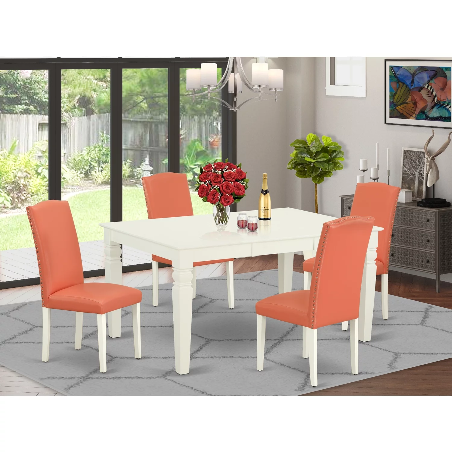 East West Furniture Weston 5-piece Wood Dining Set in Linen White/Pink Flamingo