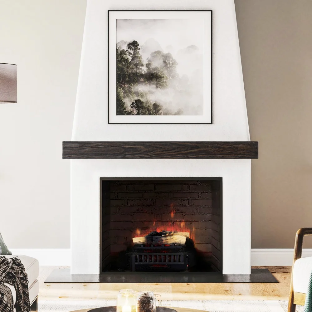 Modern Ember Modern Rustic 48 Inch Wood Mantel Shelf in Charcoal Black Stowe, Sand Groove Pattern